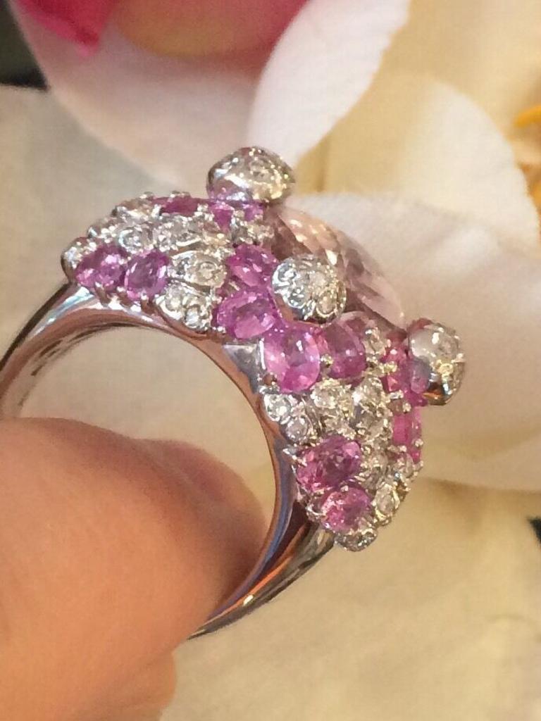 15.15 carat Kunzite, Pink Sapphire and Diamond Cocktail Ring in 18k White Gold For Sale 3