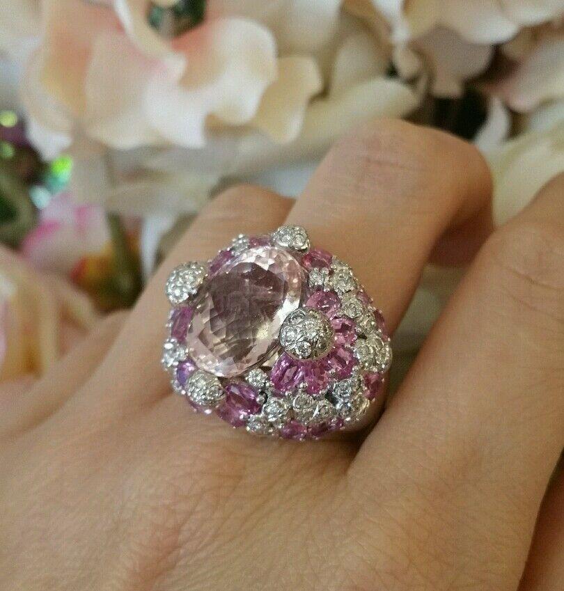 15.15 carat Kunzite, Pink Sapphire and Diamond Cocktail Ring in 18k White Gold For Sale 4