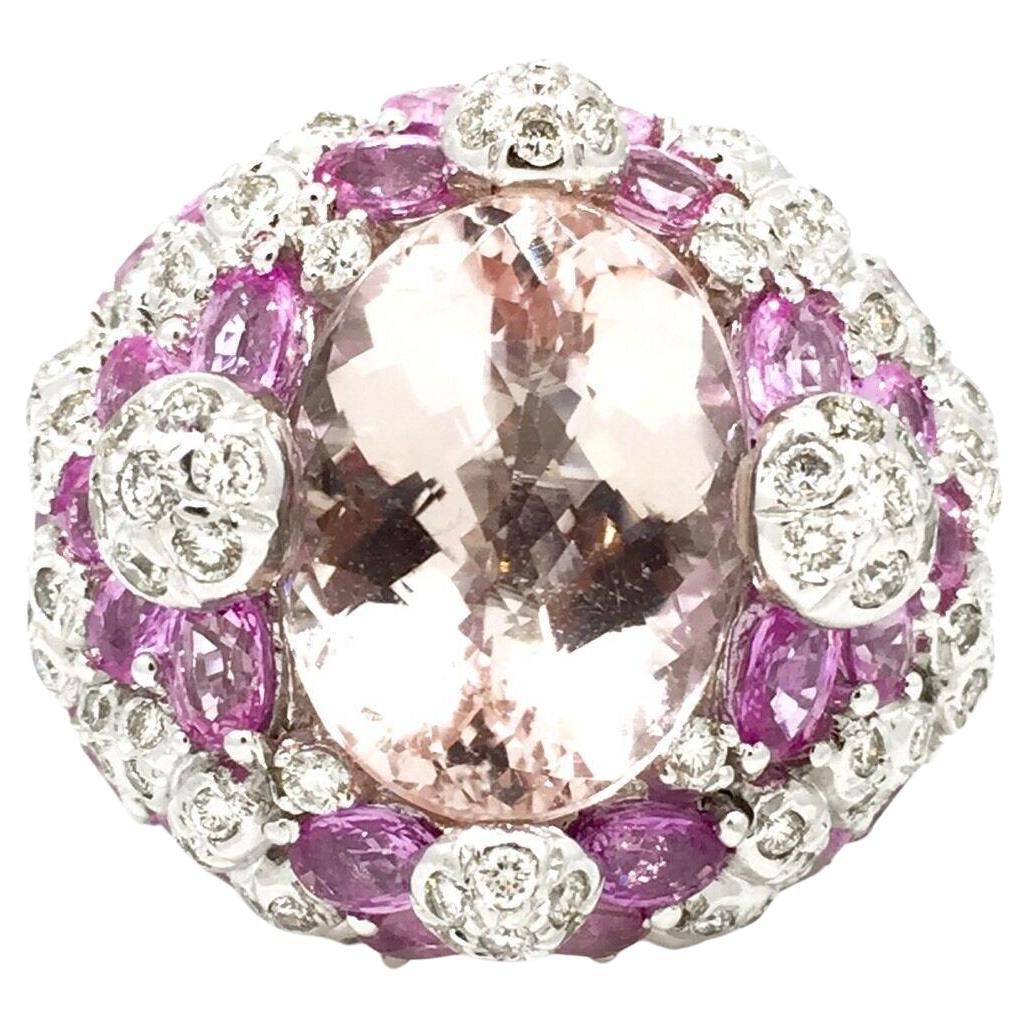Anillo de Cóctel de 15,15 quilates de Kunzita, Zafiro Rosa y Diamante en Oro Blanco de 18 quilates