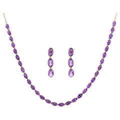 14k Solid Yellow Gold 15.15ct Amethyst Earrings and Necklace Jewelry Set