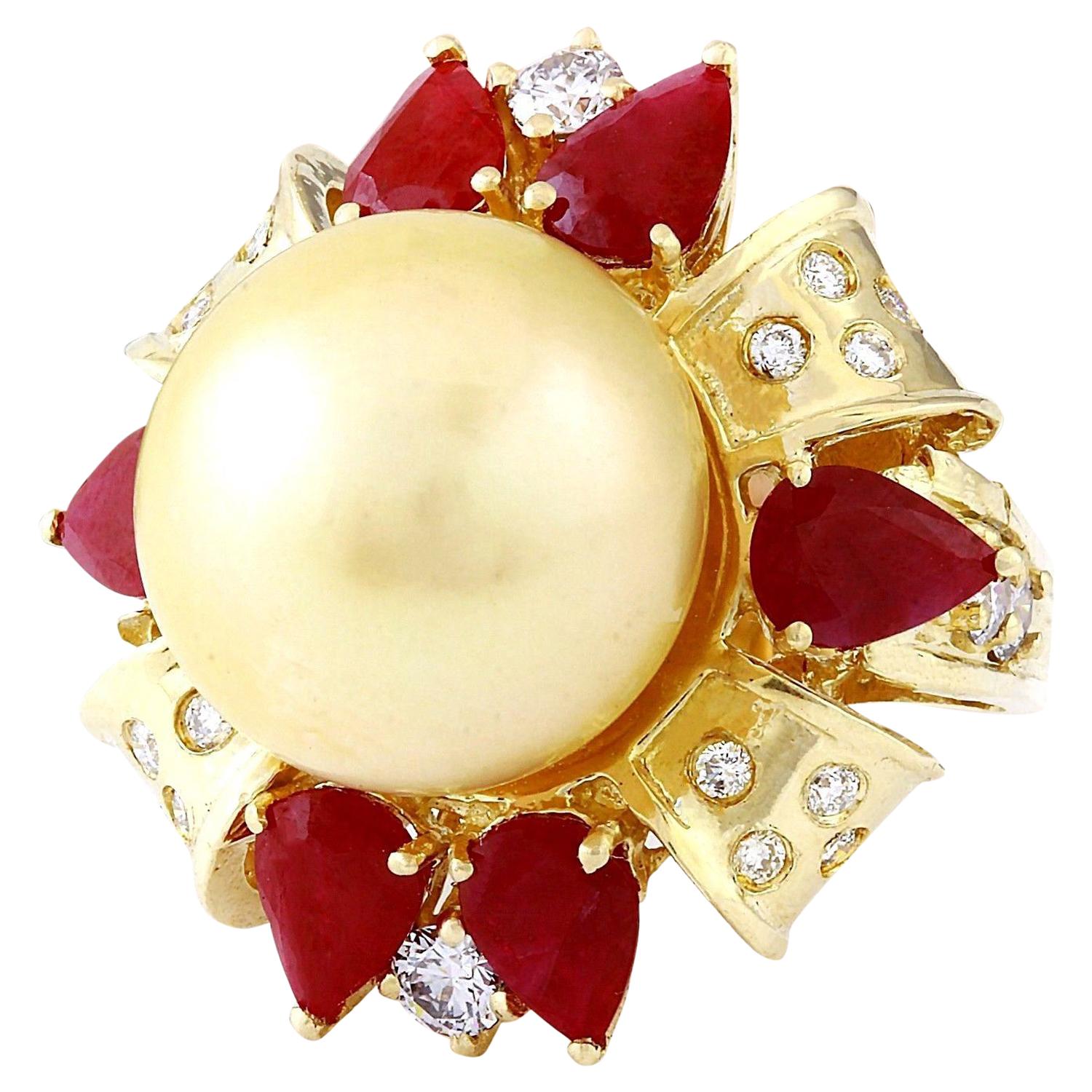 15.15 mm Gold South Sea Pearl, Ruby 14K Solid Yellow Gold Diamond Ring
 Item Type: Ring
 Item Style: Cocktail
 Material: 14K Yellow Gold
 Mainstone: South Sea Pearl
 Stone Color: Gold
 Stone Shape: Round
 Stone Quantity: 1
 Stone Dimensions: