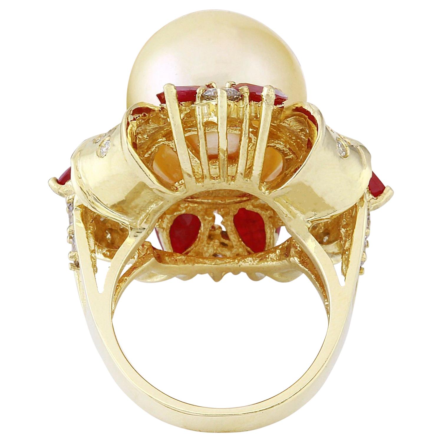 Round Cut Gold South Sea Pearl, Ruby Diamond Ring In 14 Karat Solid Yellow Gold  For Sale