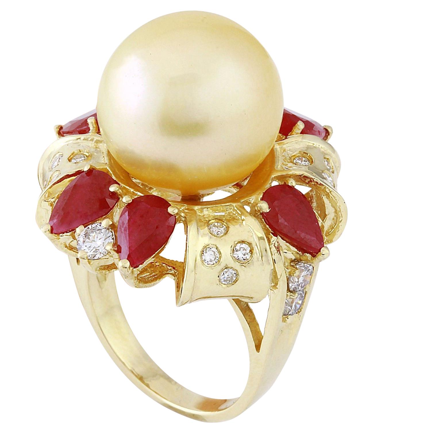 Gold South Sea Pearl, Ruby Diamond Ring In 14 Karat Solid Yellow Gold  In New Condition For Sale In Los Angeles, CA