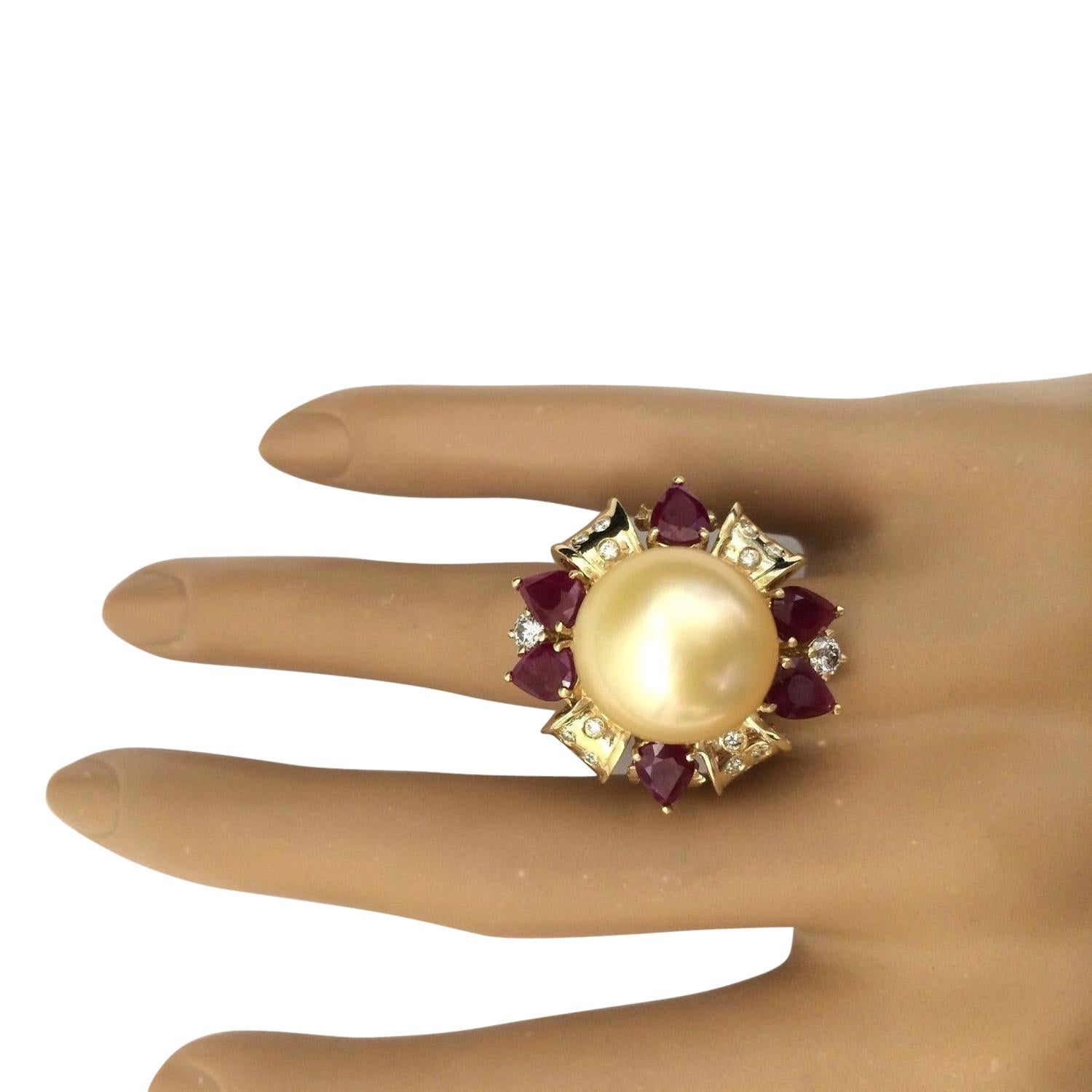 Women's Gold South Sea Pearl, Ruby Diamond Ring In 14 Karat Solid Yellow Gold  For Sale