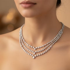 15.15Ct SI/H Natural Diamond Triple Layer Wedding Necklace 18 Karat White Gold
