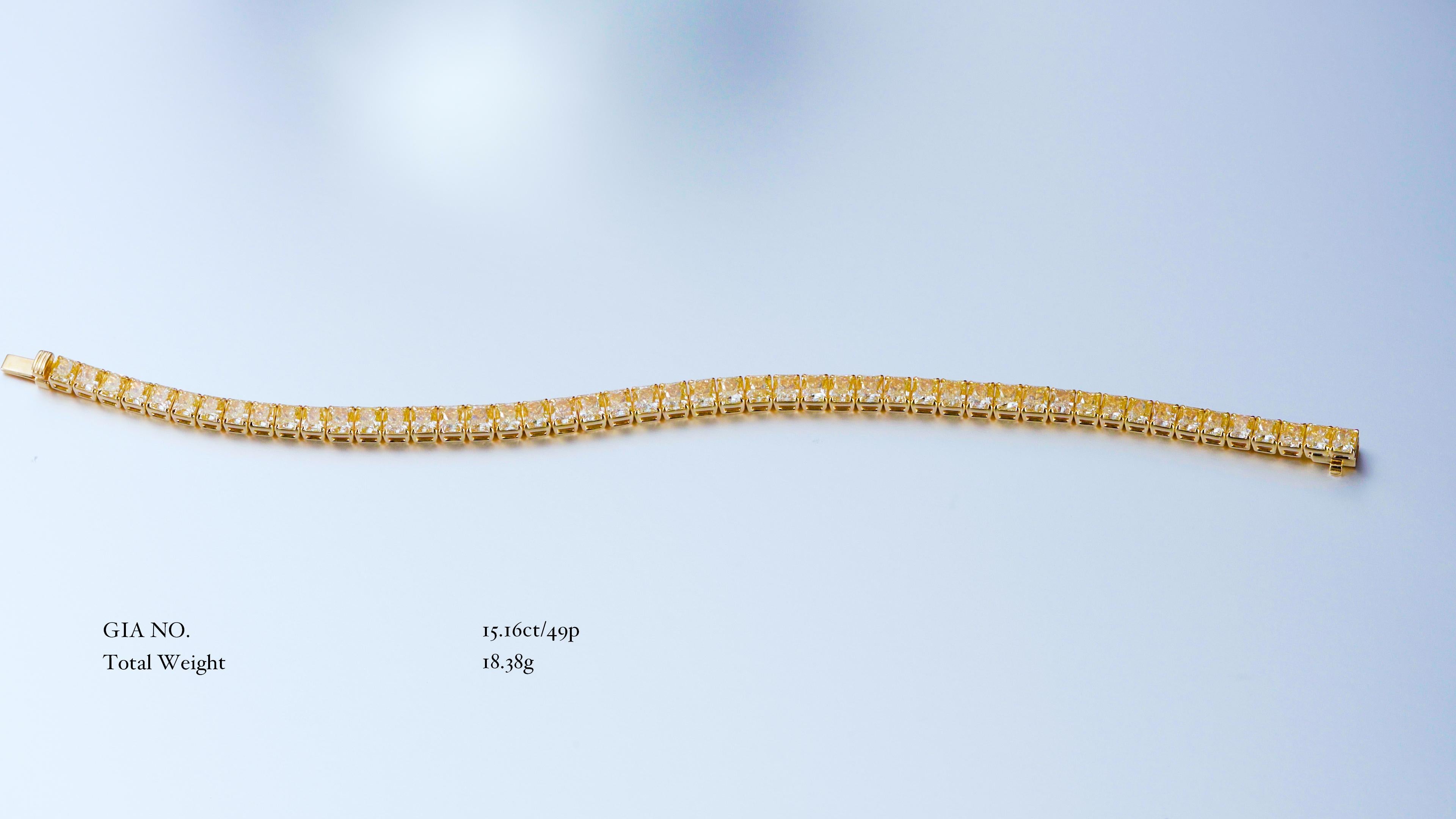 15.16CT Radiant geformte natürliche Fancy Light Yellow Diamanten Tennis Armband 18K (Zeitgenössisch) im Angebot