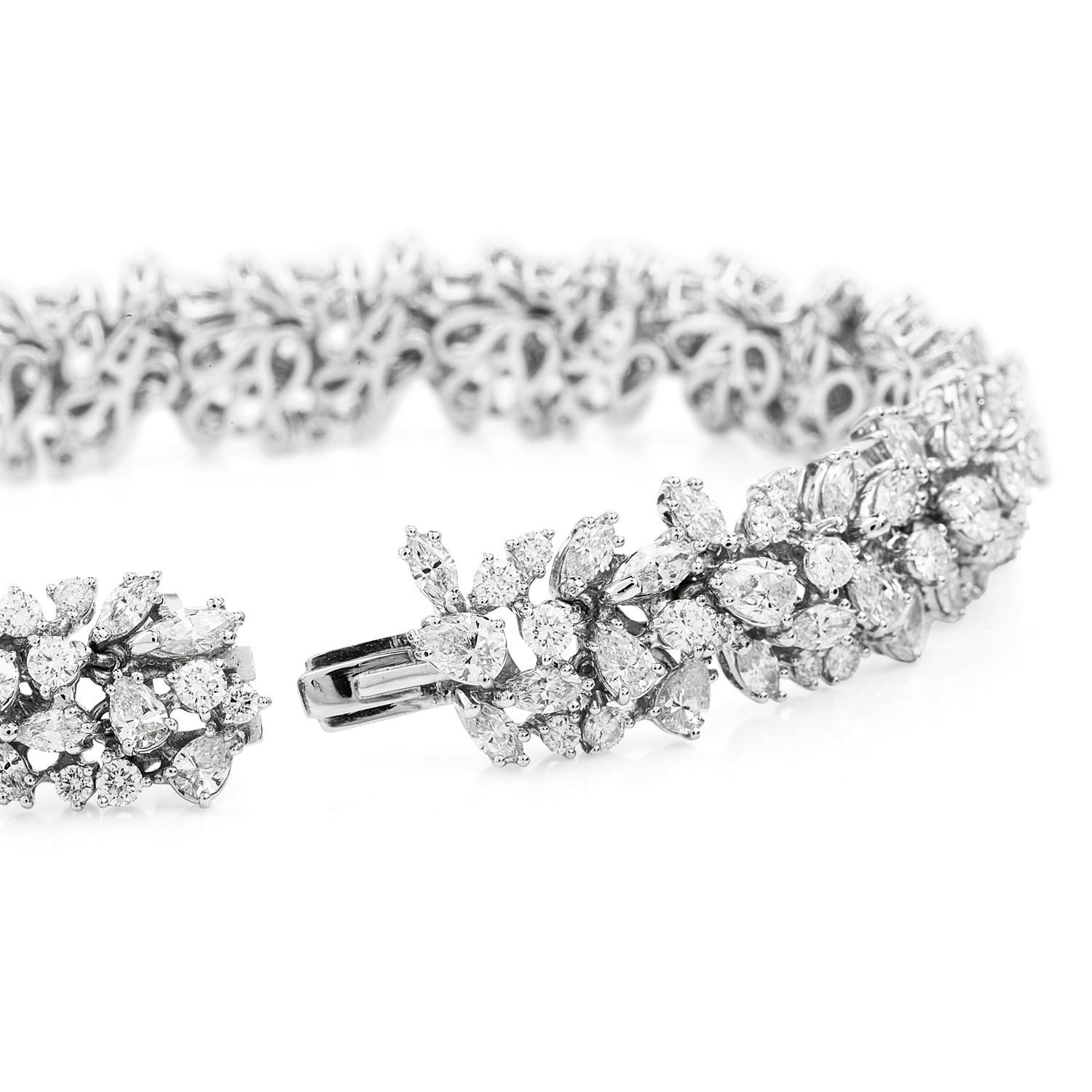 Pear Cut 15.16cts Diamond 18K Gold Elegant Cluster Floral Links Bracelet