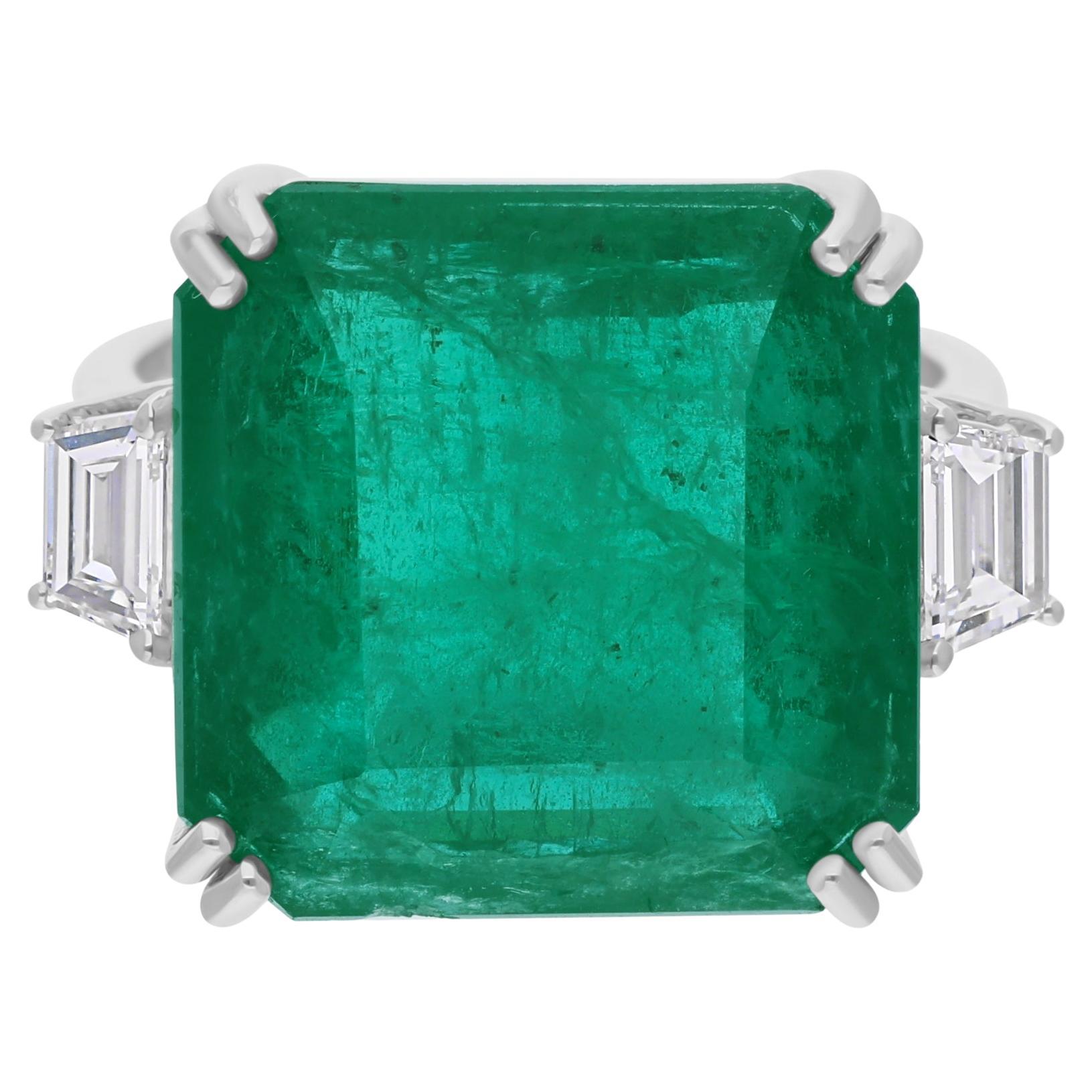 For Sale:  15.16cts Zambian Three-Stone Emerald and Diamond Wedding Ring in 18k Gold