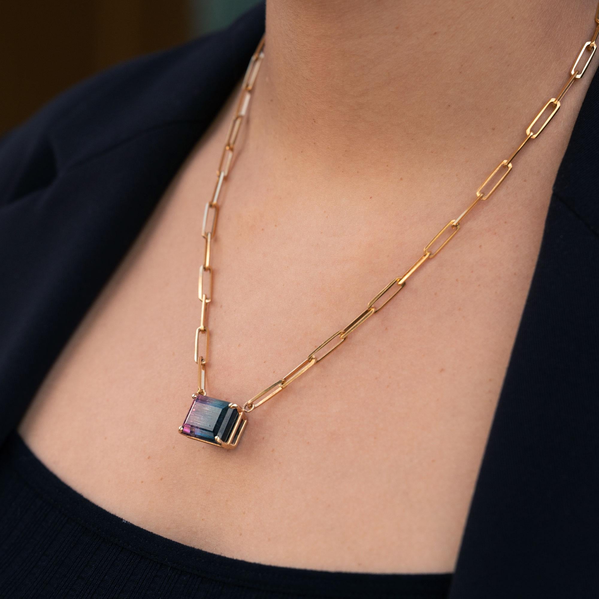 Emerald Cut 15.17 Carat Watermelon Tourmaline Paperclip Link Necklace