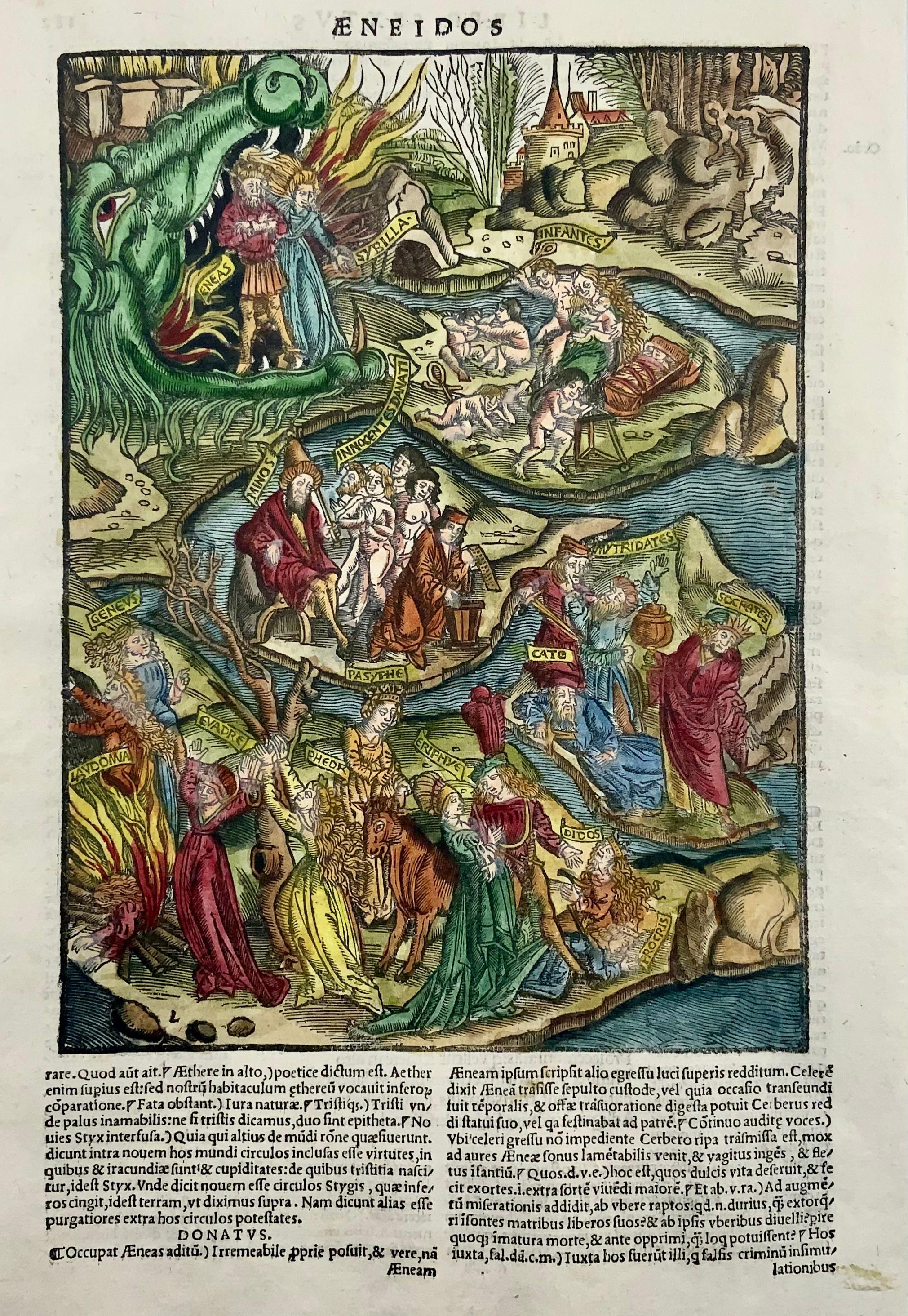 Renaissance 1517 the Underworld, Folio Gruninger Woodcut Leaf, Virgil’s Aeneid, Hand Colour