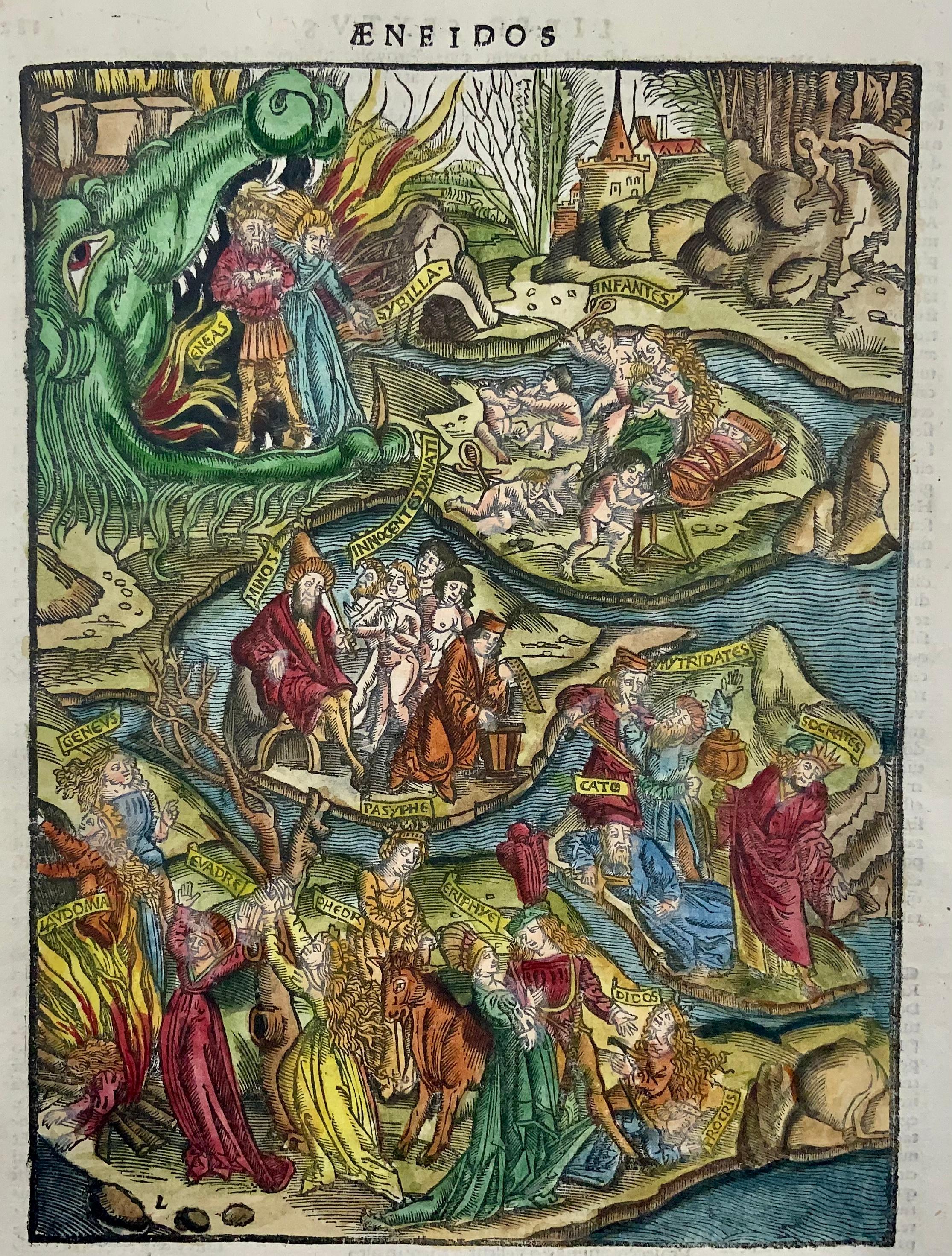 European 1517 the Underworld, Folio Gruninger Woodcut Leaf, Virgil’s Aeneid, Hand Colour