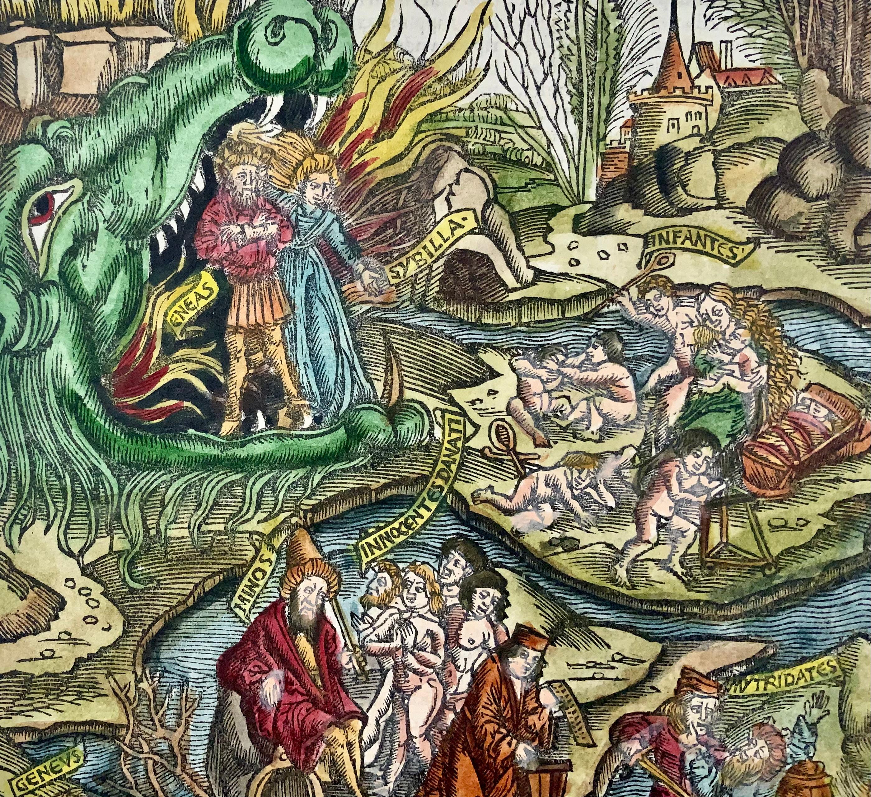 1517 the Underworld, Folio Gruninger Woodcut Leaf, Virgil’s Aeneid, Hand Colour In Good Condition In Norwich, GB