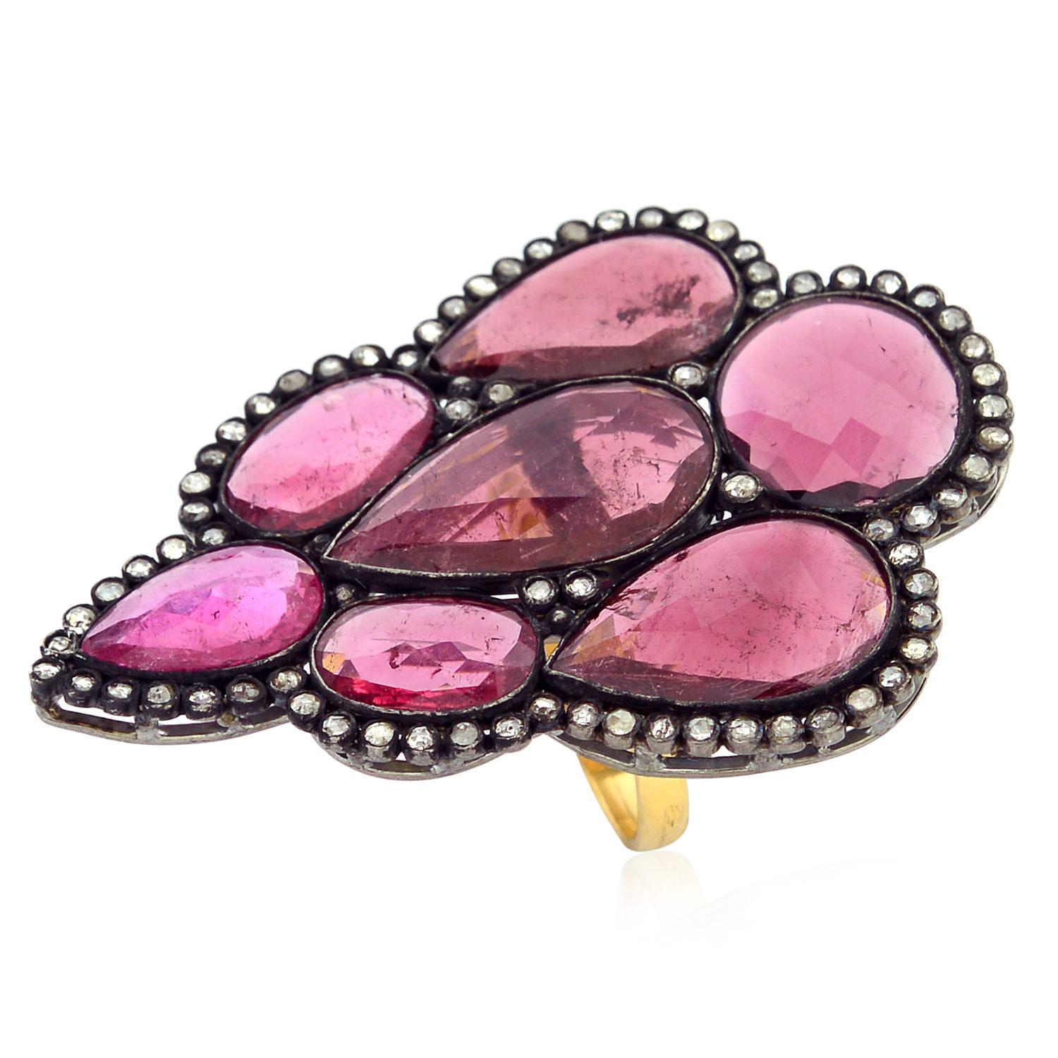 Contemporary 15.17ct Multishaped Pink Tourmaline Ring WIth Diamonds Made In 14k Gold & Silver For Sale