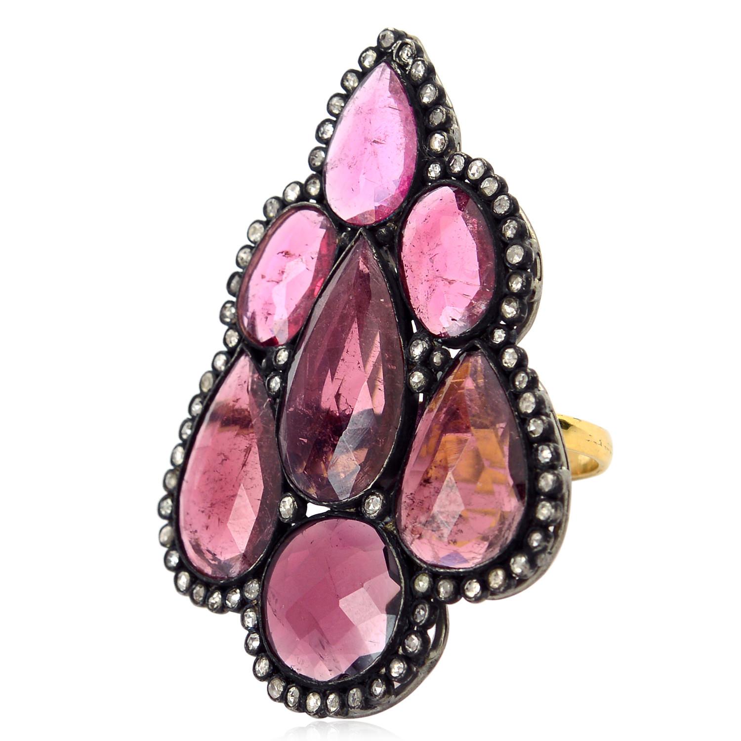 Mixed Cut 15.17ct Multishaped Pink Tourmaline Ring WIth Diamonds Made In 14k Gold & Silver For Sale