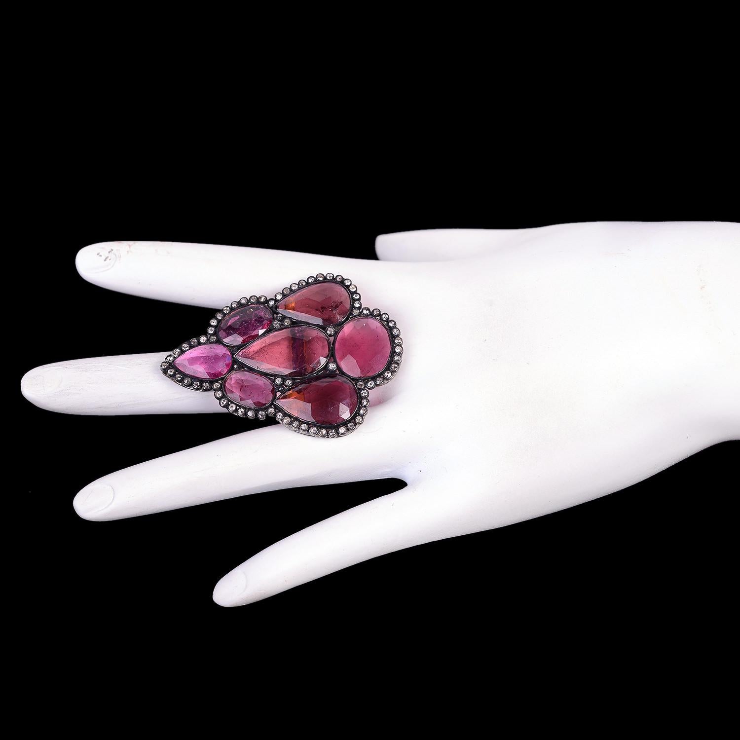 15.17ct Multishaped Pink Tourmaline Ring WIth Diamonds Made In 14k Gold & Silver In New Condition For Sale In New York, NY