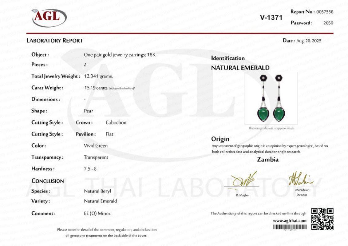 Orecchini con smeraldo cabochon a forma di pera da 15,19 carati, onice nero e diamanti in vendita 8