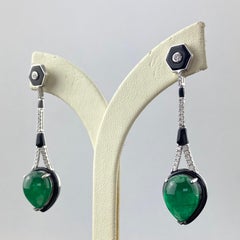 15.19 Carat Pear Shape Cabochon Emerald, Black Onyx, and Diamond Dangle Earrings