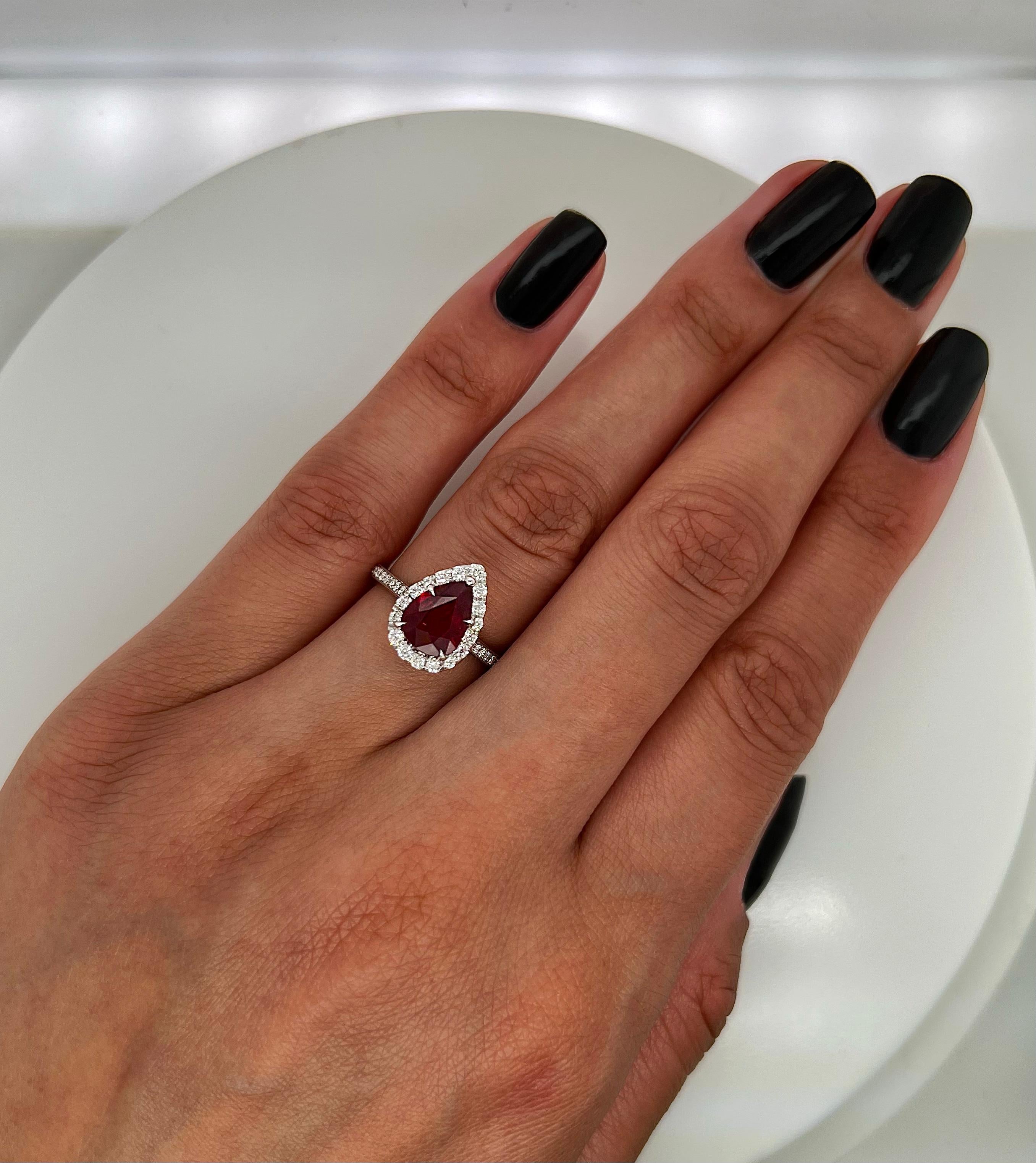 Pear Cut 2.18 Total Carat Ruby and Diamond Halo Engagement Ring, GIA For Sale