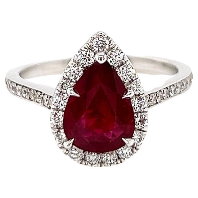 2.18 Total Carat Ruby and Diamond Halo Engagement Ring, GIA