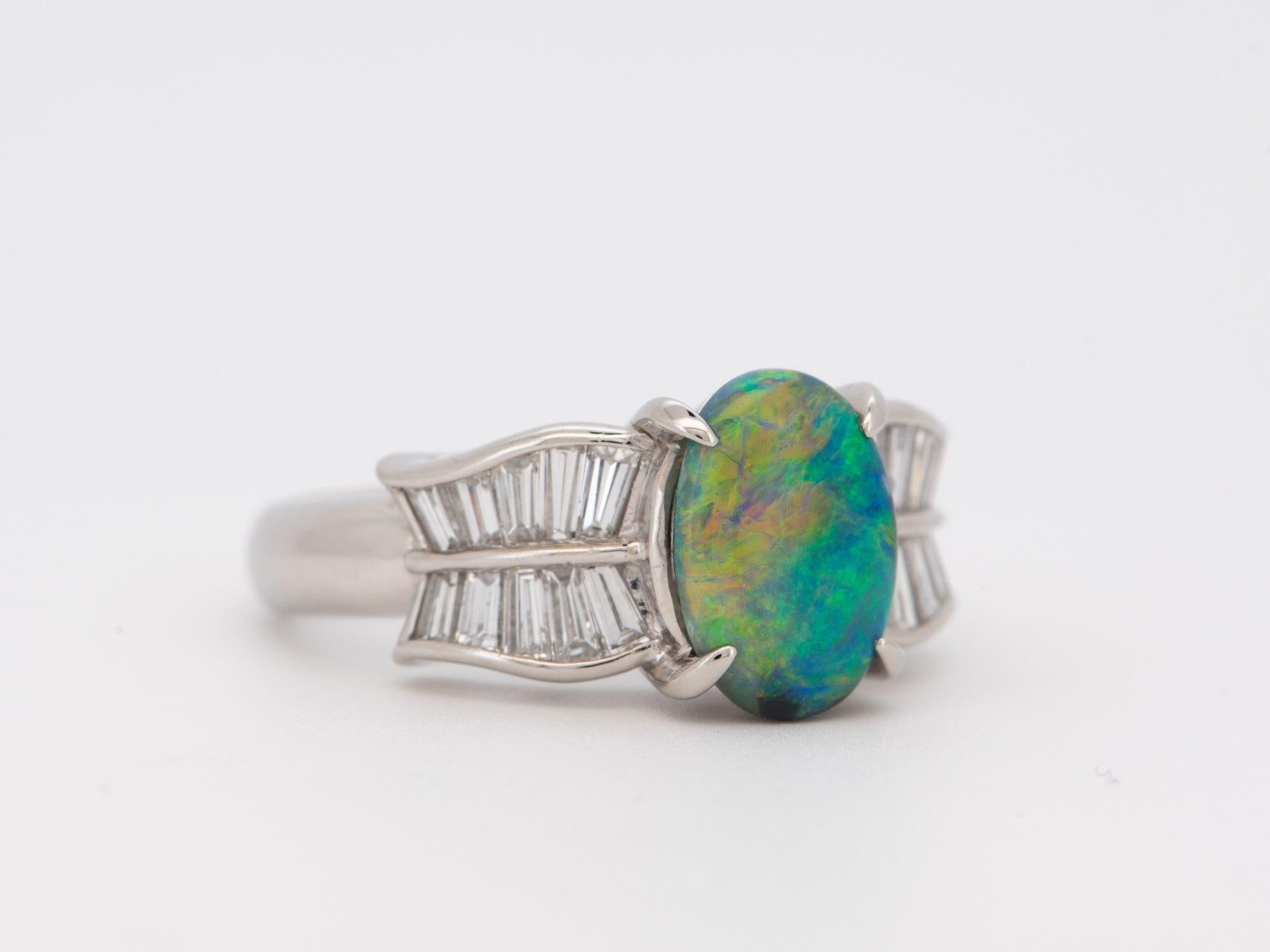 Baguette Cut 1.51ct Australian Black Opal with Baguette Diamond Ring Platinum 8g+ V1147 For Sale