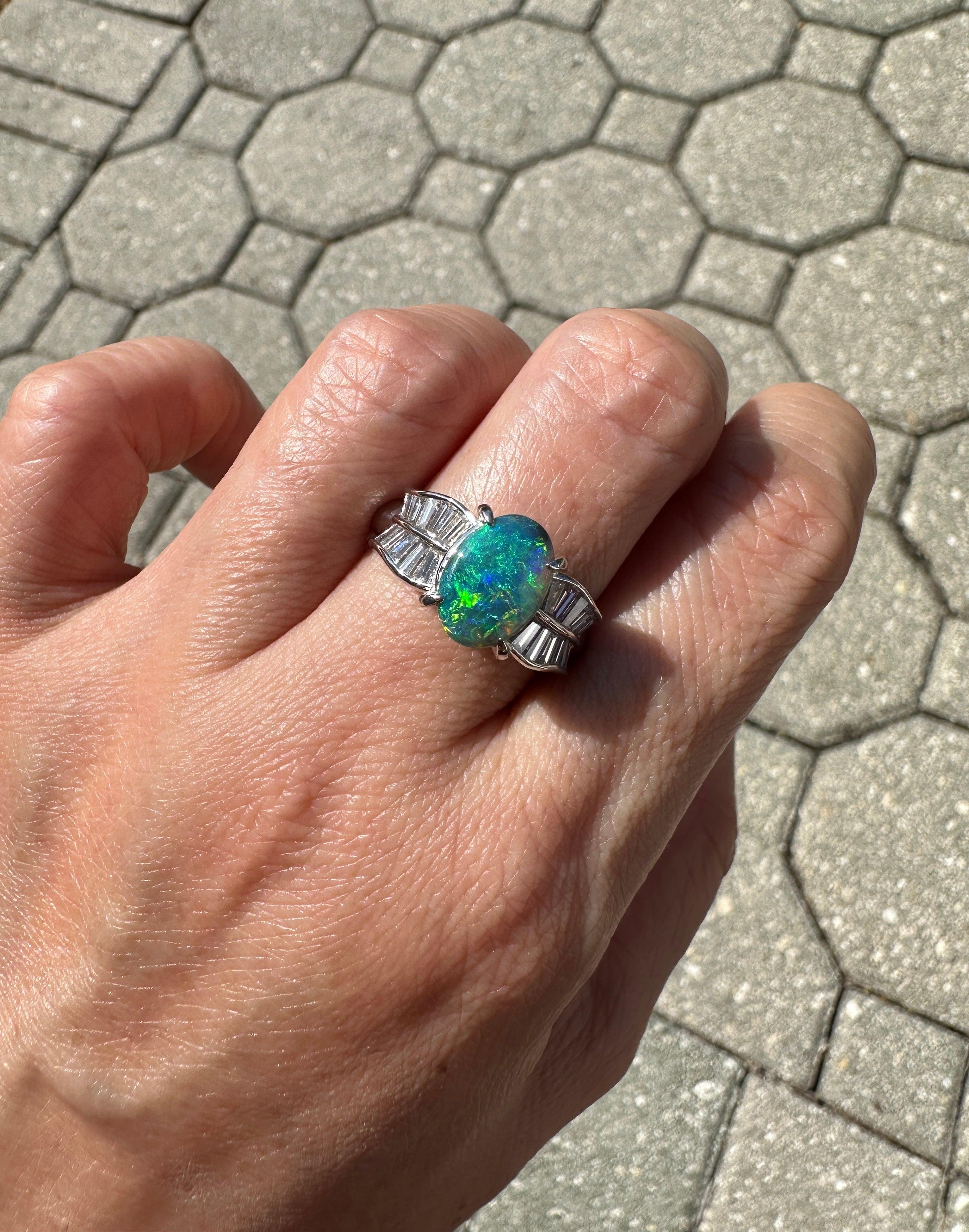 Women's or Men's 1.51ct Australian Black Opal with Baguette Diamond Ring Platinum 8g+ V1147 For Sale