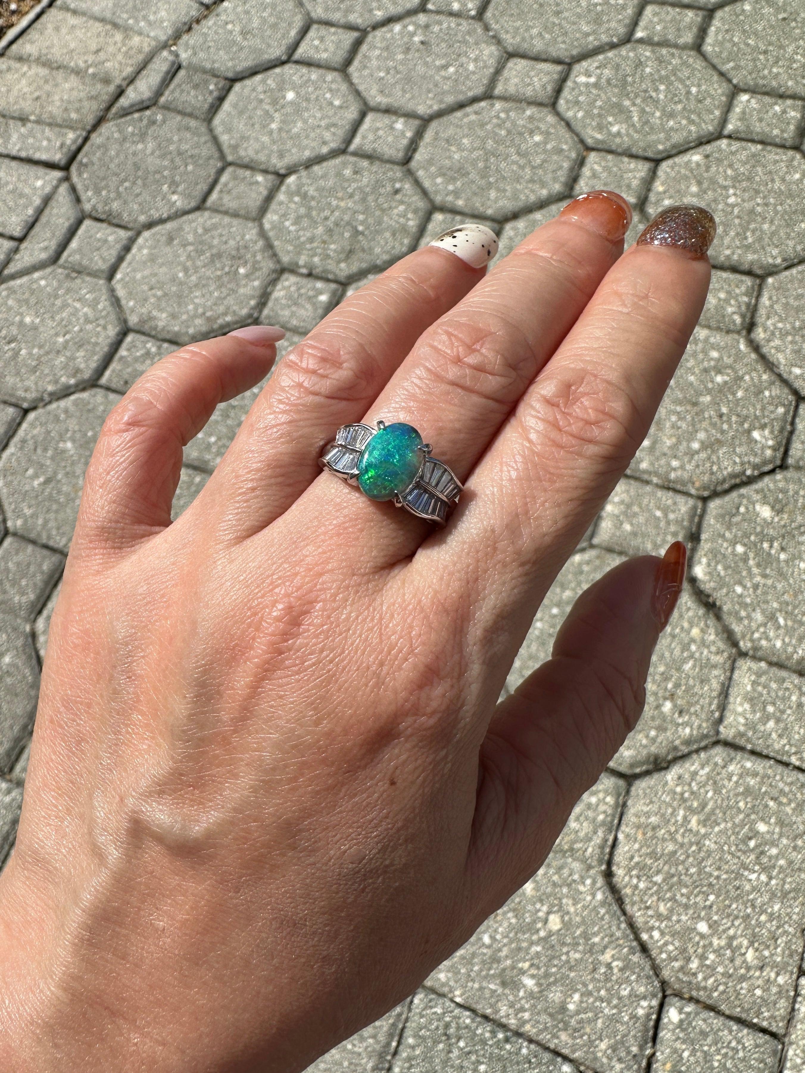 1.51ct Australian Black Opal with Baguette Diamond Ring Platinum 8g+ V1147 For Sale 1
