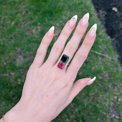 15.1Ct Bi-Color Tourmaline Ring with Earth Mined Diamond Accents: Solid 14K Gold