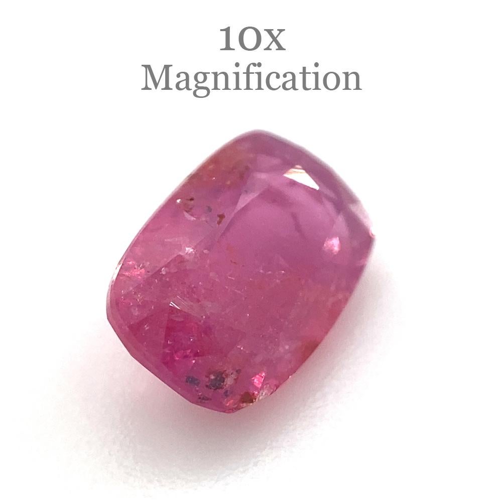 Description:

Gem Type: Ruby
Number of Stones: 1
Weight: 1.51 cts
Measurements: 7.90x5.20x3.40 mm
Shape: Cushion
Cutting Style Crown: Modified Brilliant Cut
Cutting Style Pavilion: Step Cut
Transparency: Transparent
Clarity: Moderately Included: