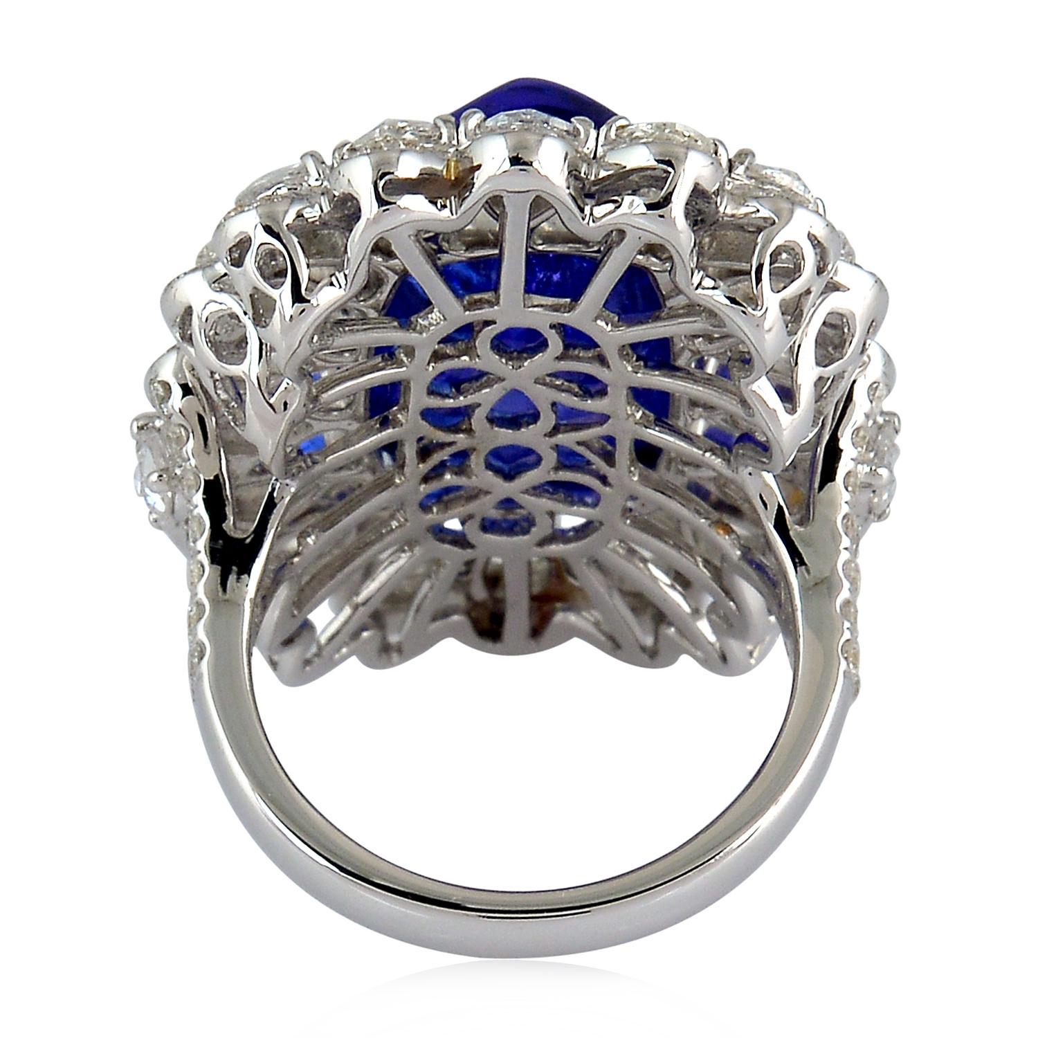 Art Deco 15.1ct Cushion Shaped Blue Tanzanite Cocktail Ring With Pear Diamonds For Sale