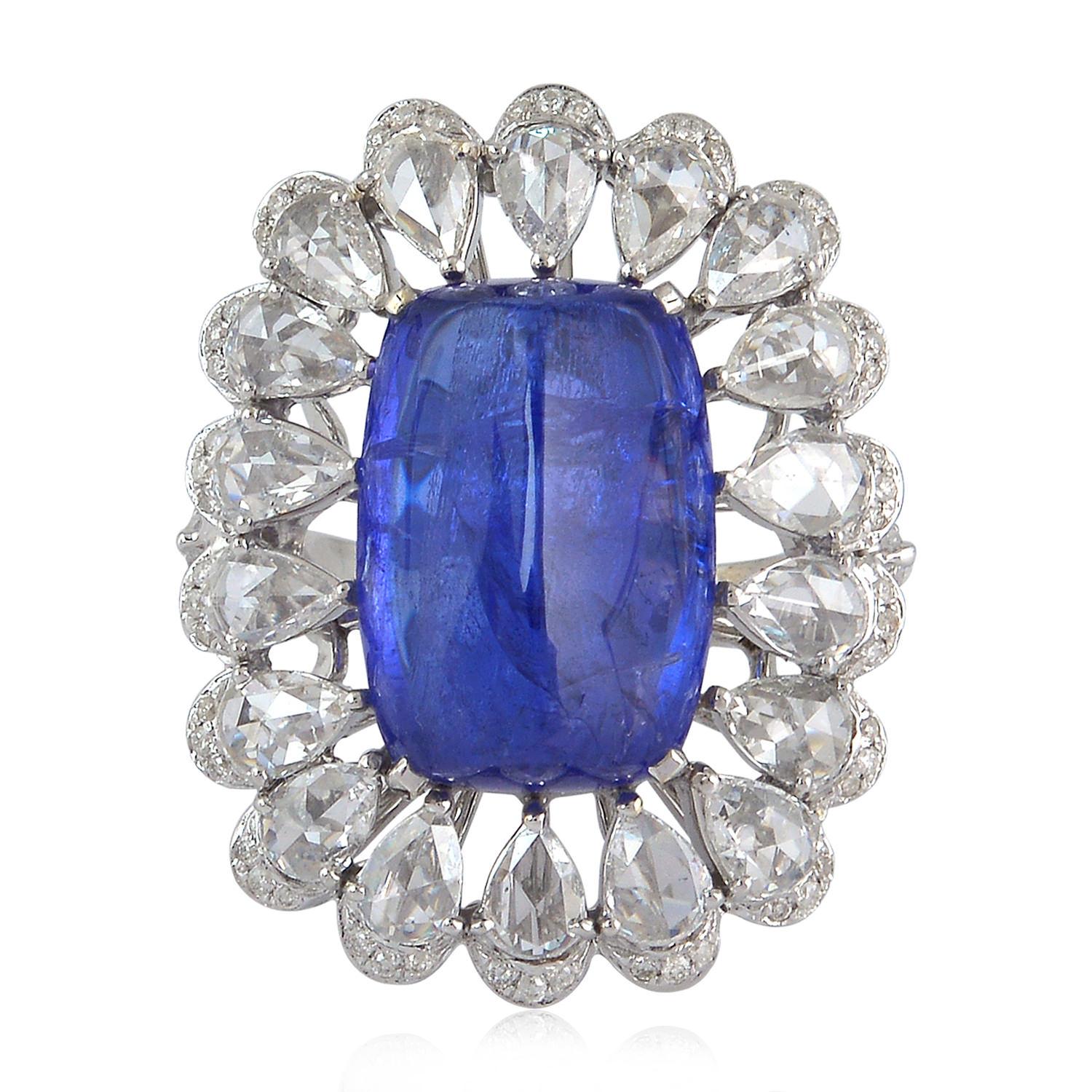 15.1ct Cushion Shaped Blue Tanzanite Cocktail Ring With Pear Diamonds In New Condition For Sale In New York, NY