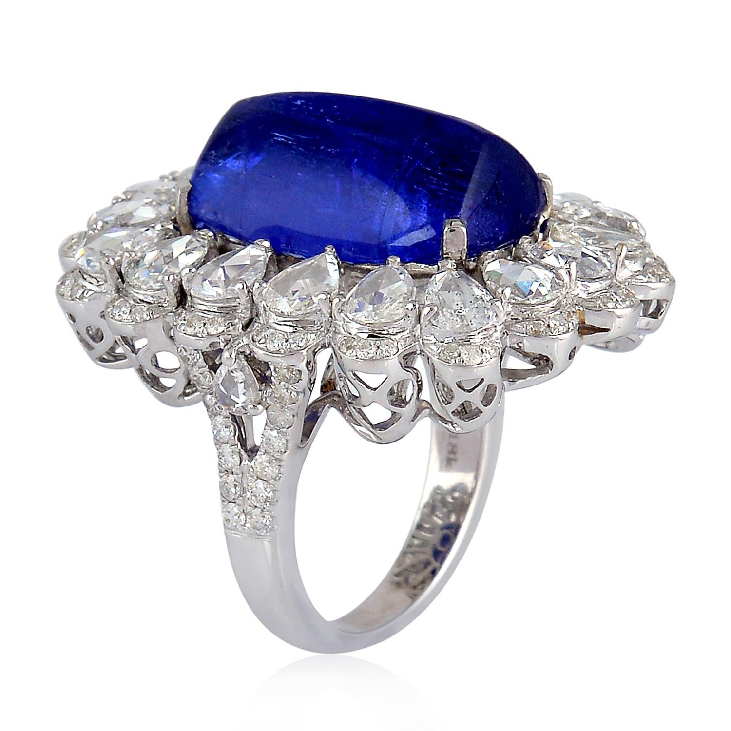 Women's 15.1ct Cushion Shaped Blue Tanzanite Cocktail Ring With Pear Diamonds For Sale