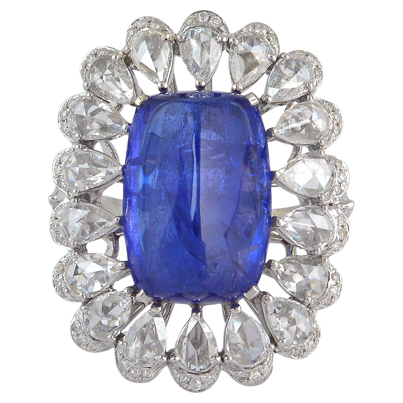 15.1ct Cushion Shaped Blue Tanzanite Cocktail Ring With Pear Diamonds For Sale