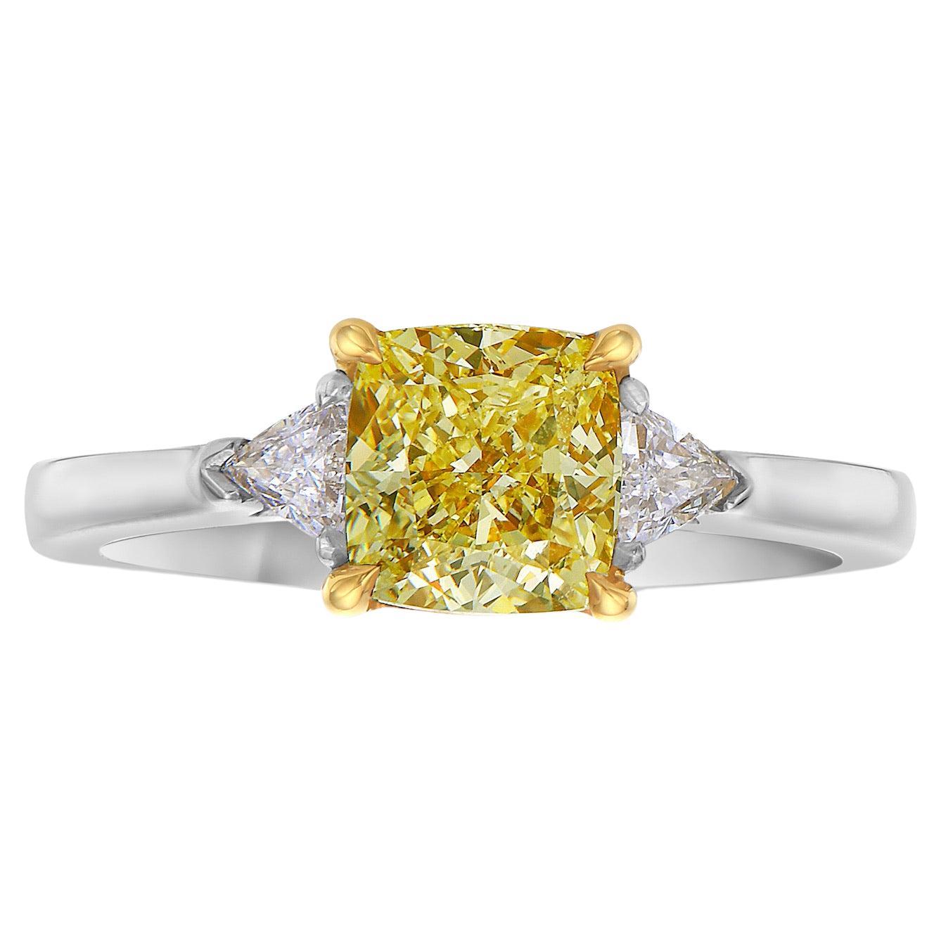 1.5 Carat Fancy Yellow Cushion Diamond Engagement Ring For Sale