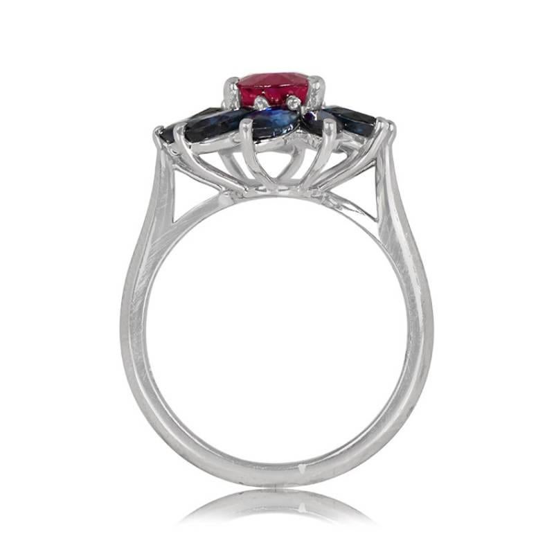 1.51ct Oval Cut Rubellite Cocktail Ring, Sapphire Halo, 18k White Gold In Excellent Condition For Sale In New York, NY