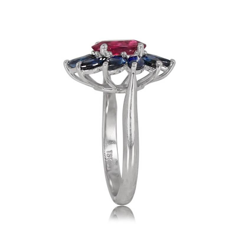 Art Deco 1.51ct Oval Cut Rubellite Cocktail Ring, Sapphire Halo, 18k White Gold For Sale
