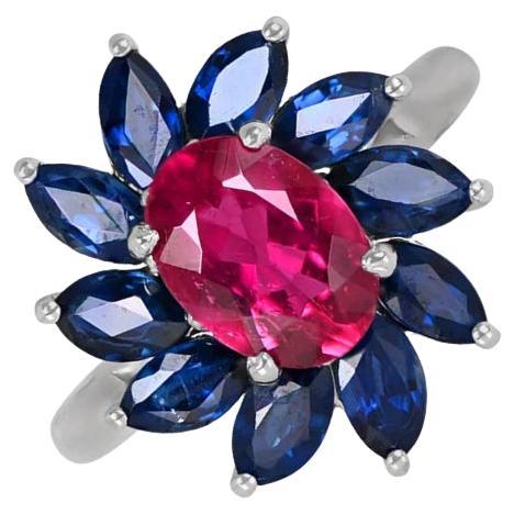 1.51ct Oval Cut Rubellite Cocktail Ring, Sapphire Halo, 18k White Gold For Sale