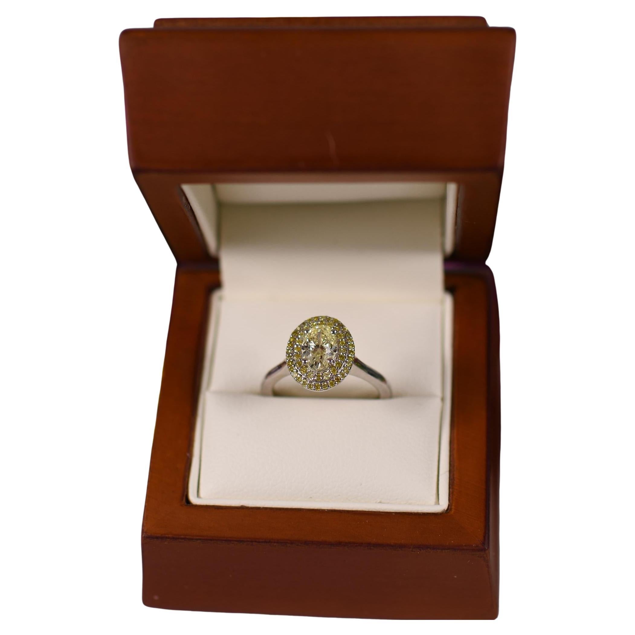 1.51cttw GIA Yellow Diamond Engagement Ring 1.01ct Oval w/ Halo 14k White Gold For Sale