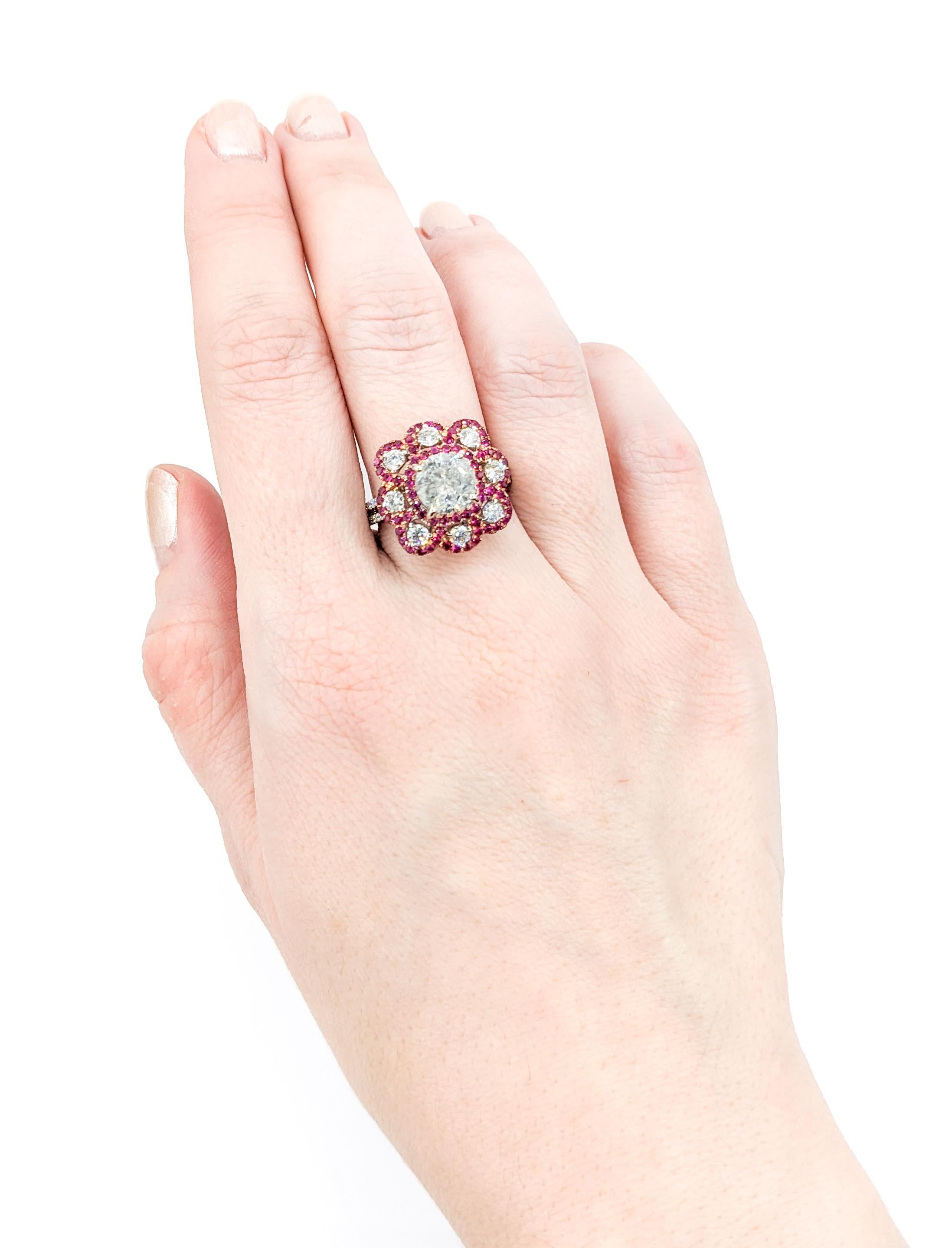 1.51ctw Diamond & Ruby Flower Cocktail Ring In White Gold For Sale 5