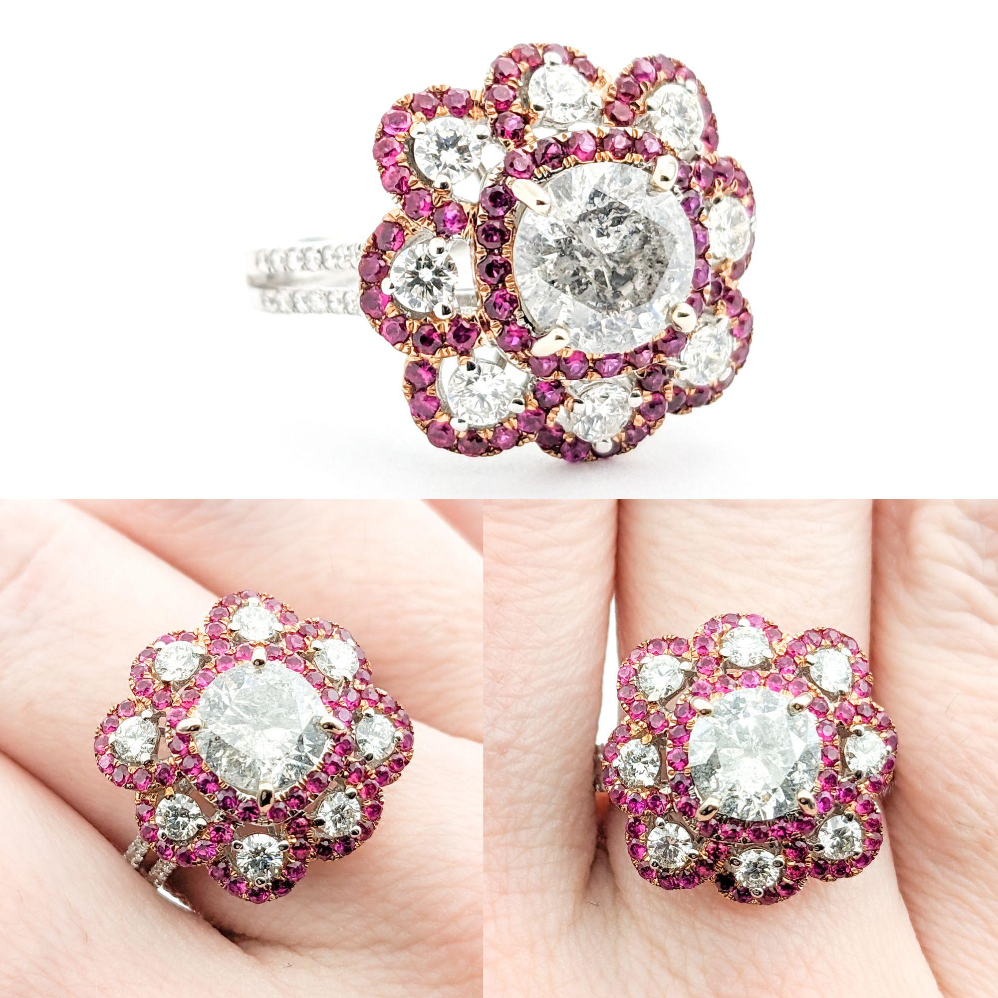 1.51ctw Diamond & Rubies In White Gold

Introducing this exquisite Diamond and Ruby Ring, masterfully crafted in 18k White Gold. This elegant piece features a stunning centerpiece composed of 1.51ctw of sparkling diamonds of I clarity, exhibiting a