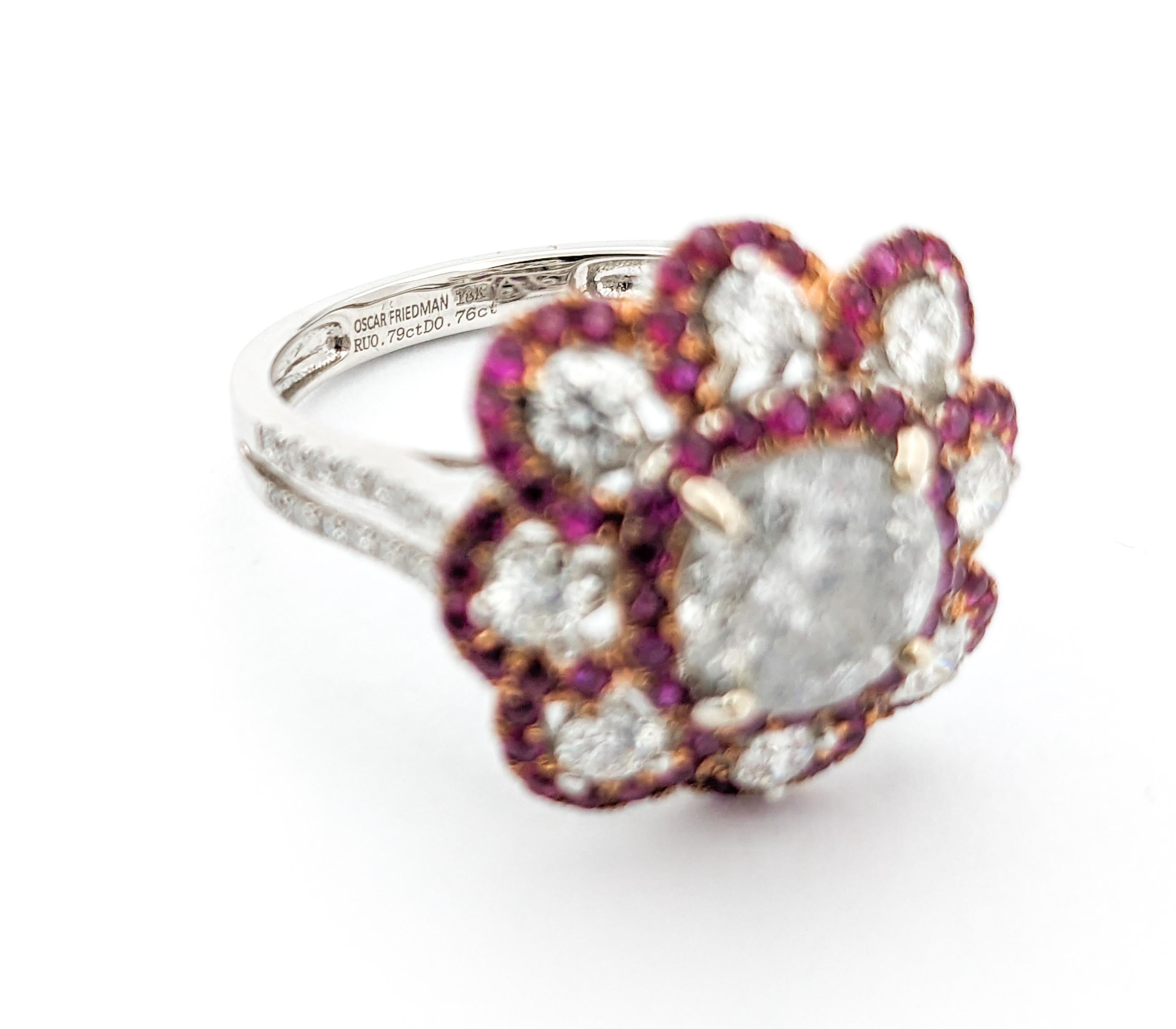 1.51ctw Diamond & Ruby Flower Cocktail Ring In White Gold In Excellent Condition For Sale In Bloomington, MN
