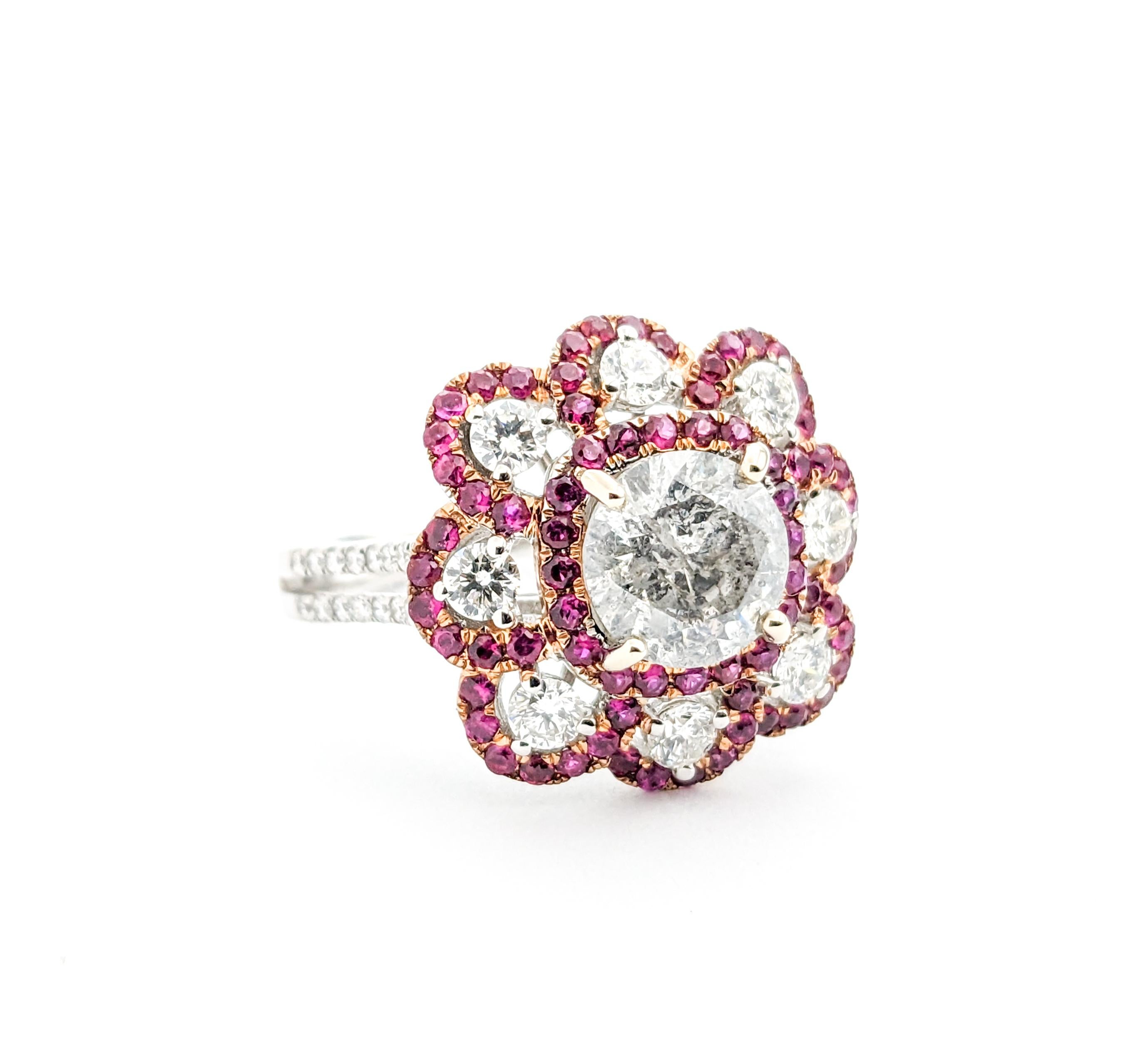 Women's 1.51ctw Diamond & Ruby Flower Cocktail Ring In White Gold For Sale