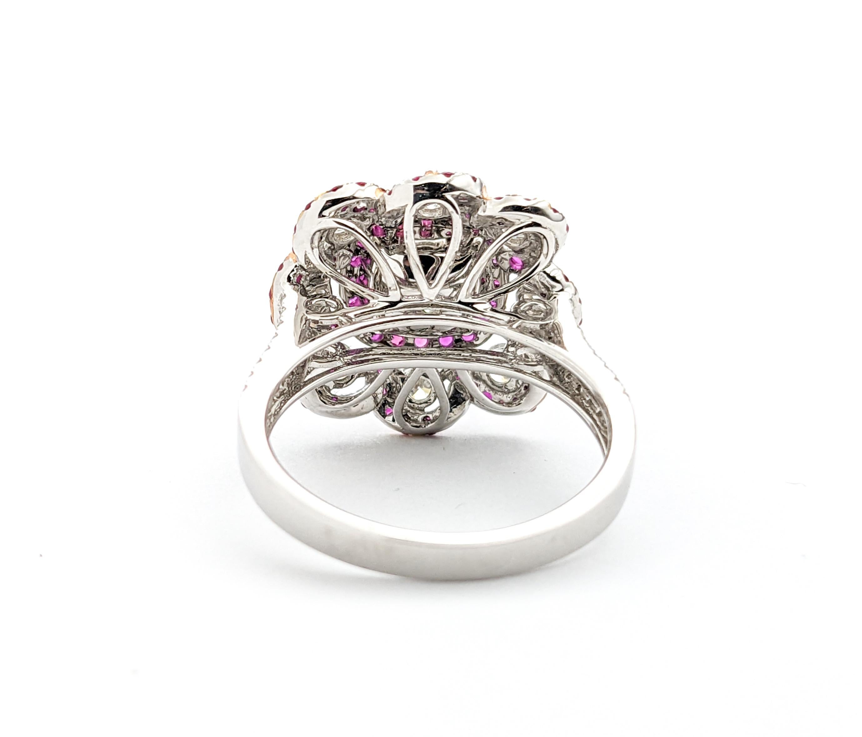 1.51ctw Diamond & Ruby Flower Cocktail Ring In White Gold For Sale 1