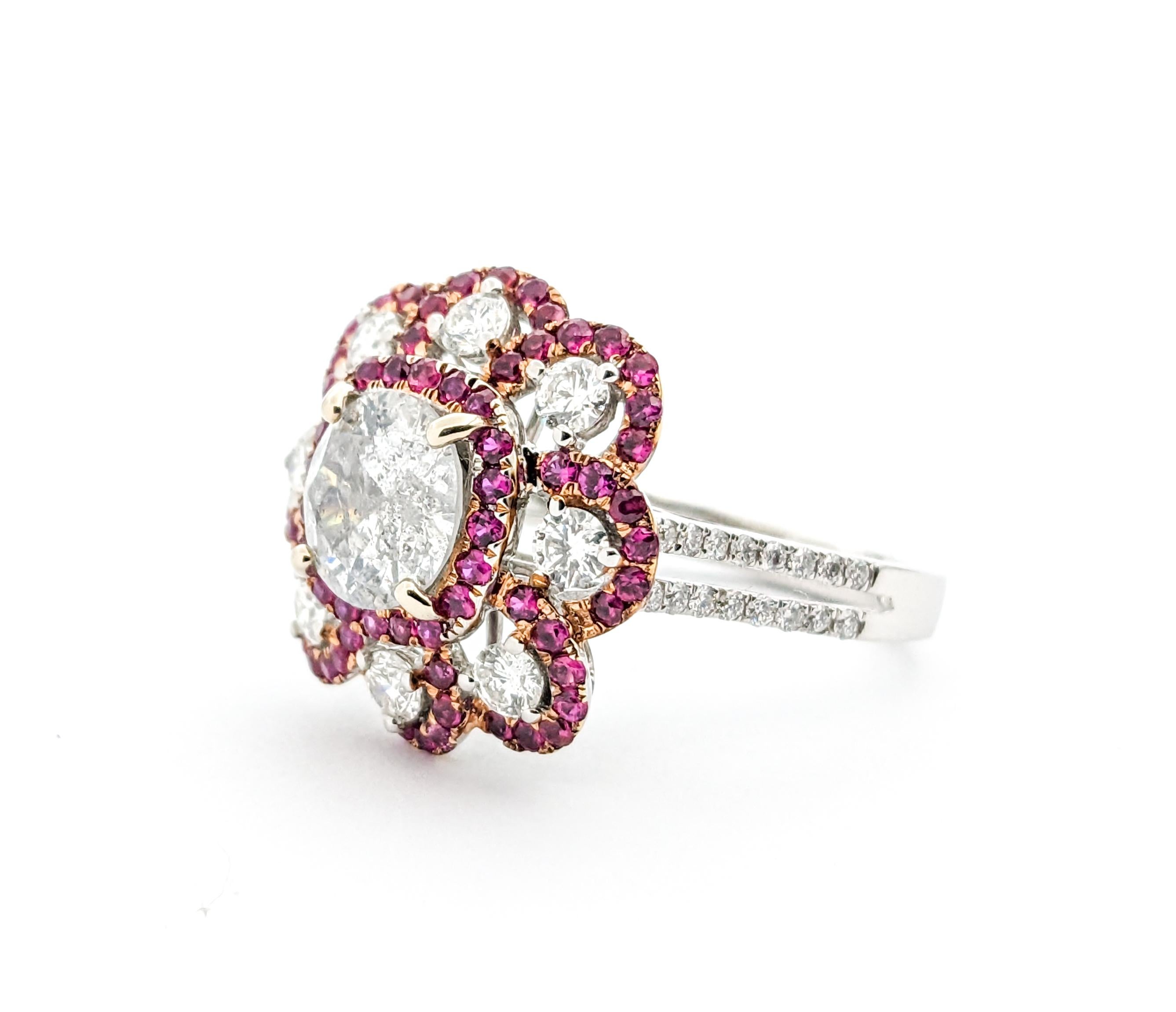 Round Cut 1.51ctw Diamond & Ruby Flower Cocktail Ring In White Gold For Sale