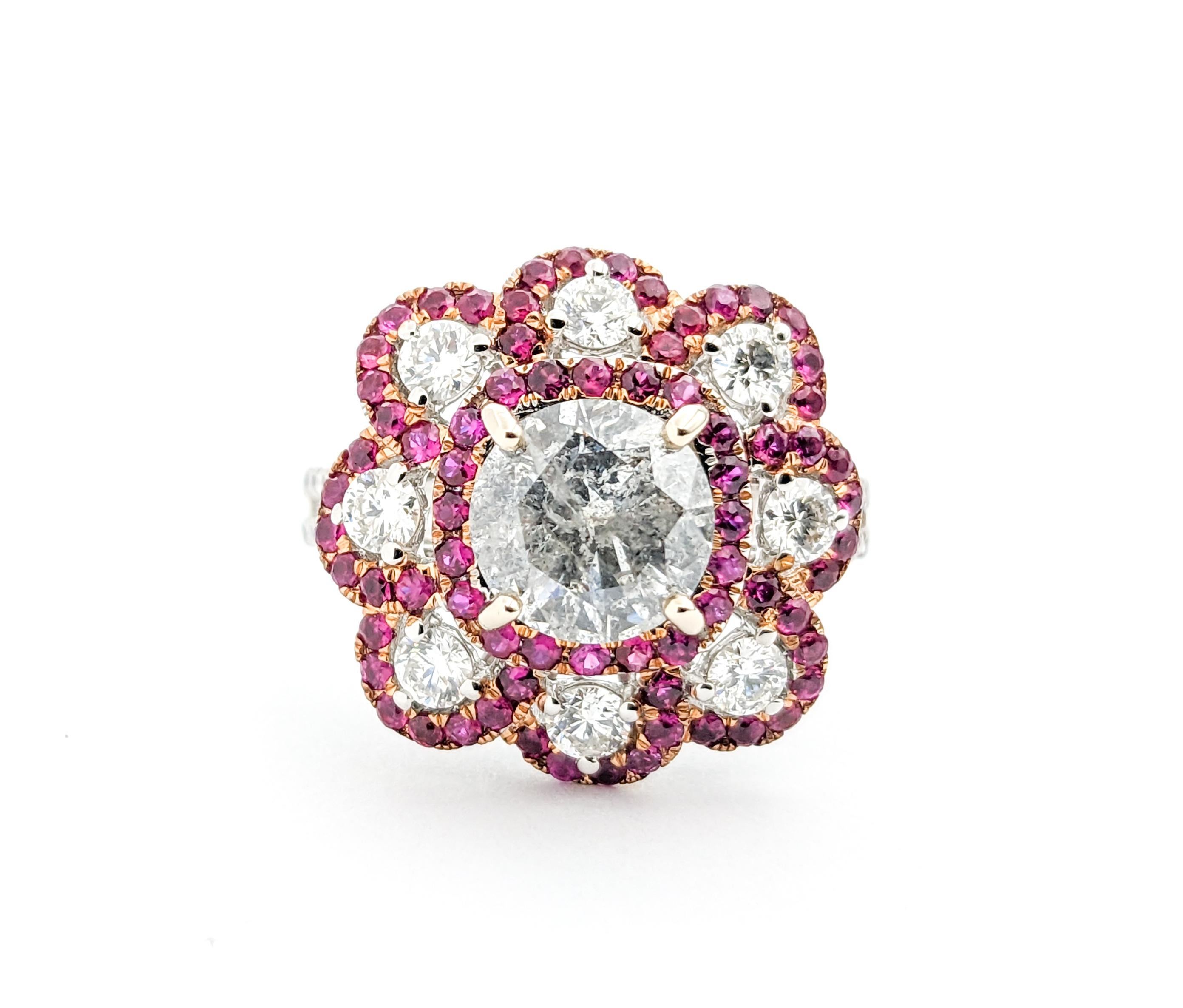 Modern 1.51ctw Diamond & Ruby Flower Cocktail Ring In White Gold For Sale