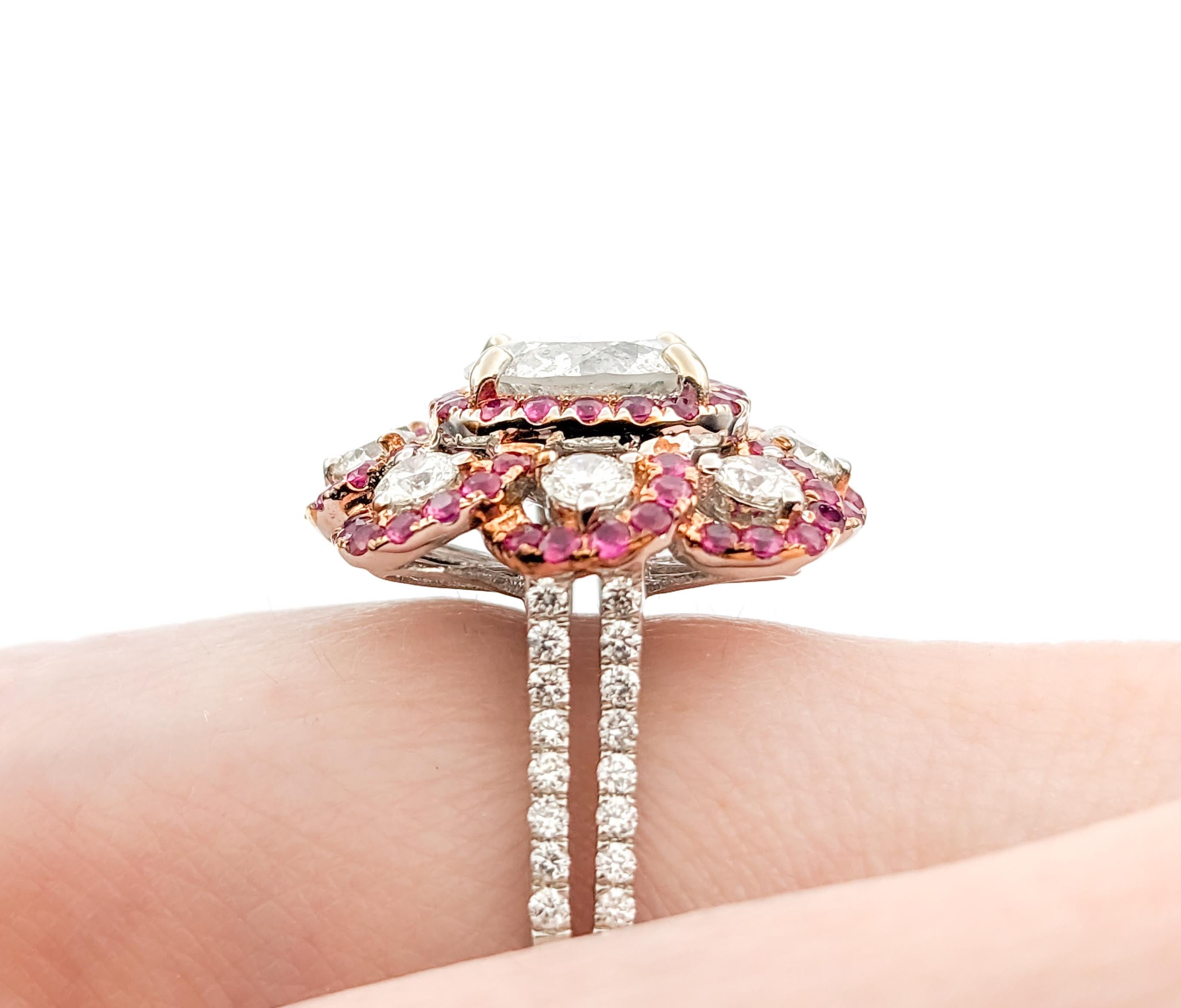 1.51ctw Diamond & Ruby Flower Cocktail Ring In White Gold For Sale 2