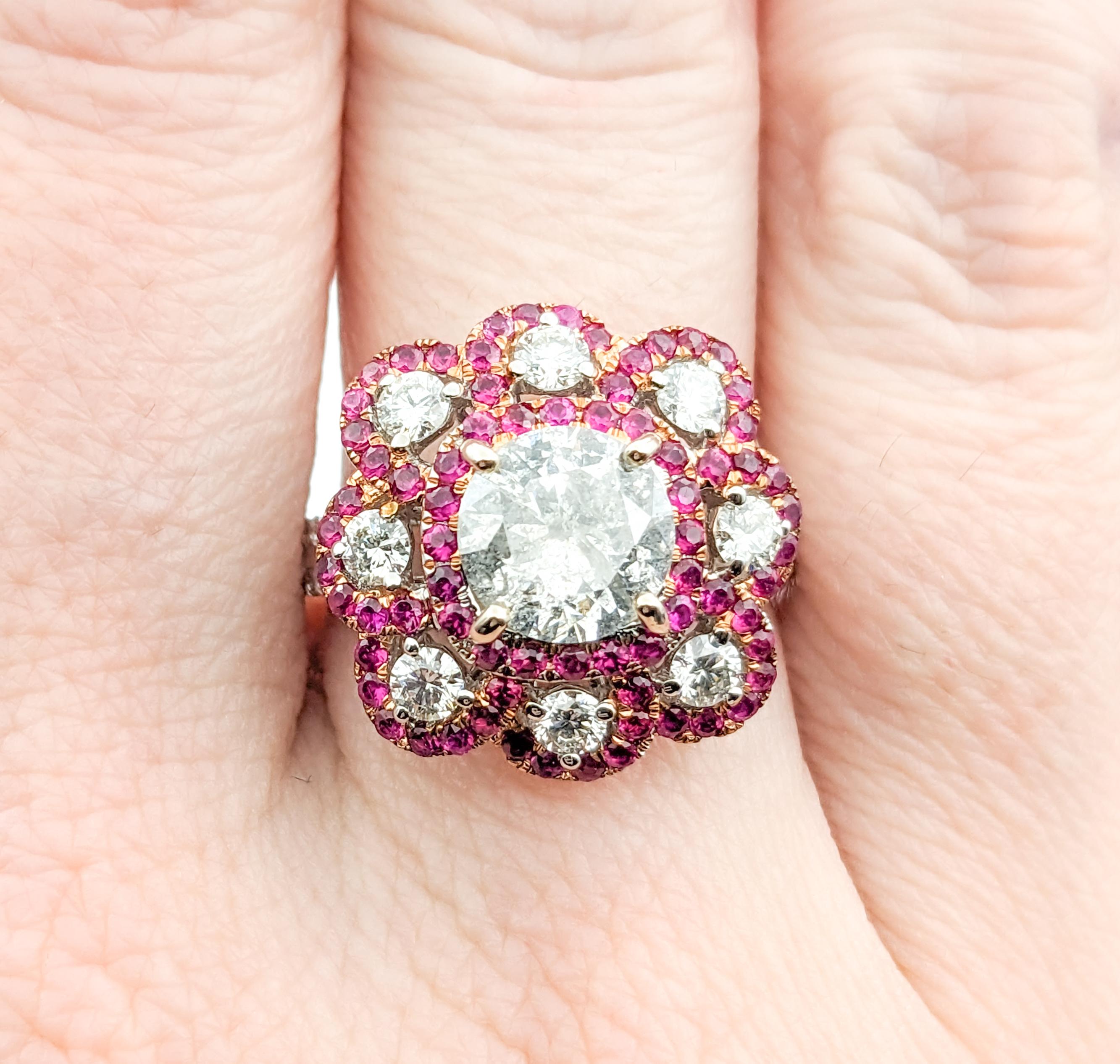 1.51ctw Diamond & Ruby Flower Cocktail Ring In White Gold For Sale 3