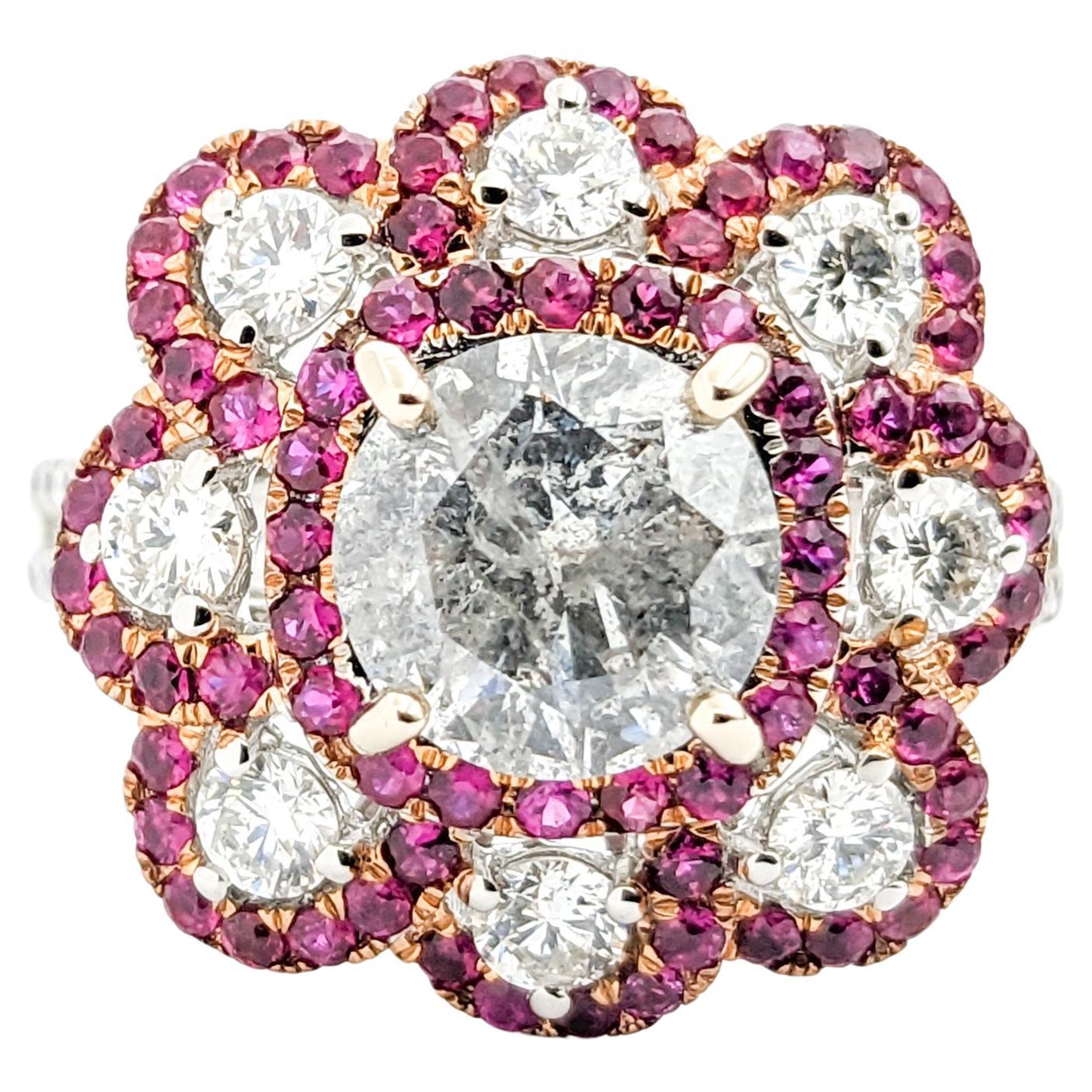 1.51ctw Diamond & Ruby Flower Cocktail Ring In White Gold For Sale