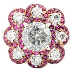 Retro 1.51ctw Diamond & Ruby Flower Cocktail Ring In White Gold
