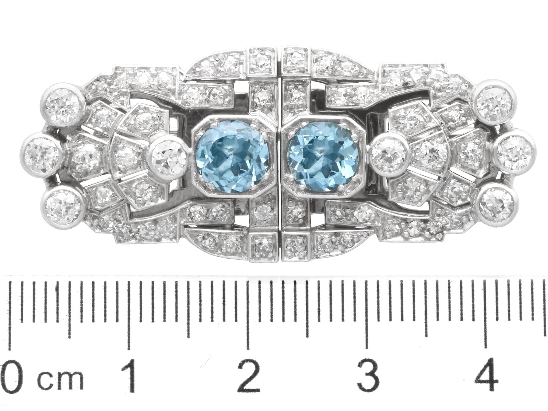 1.52 Carat Aquamarine and 2.92 Carat Diamond, 18k White Gold Double Clip Brooch For Sale 5