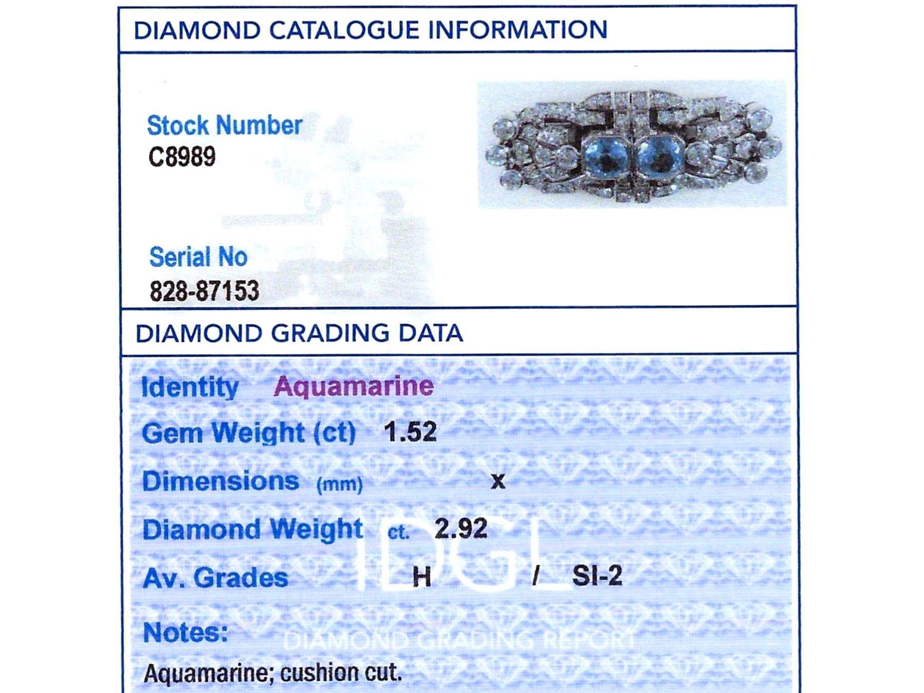 1.52 Carat Aquamarine and 2.92 Carat Diamond, 18k White Gold Double Clip Brooch For Sale 6